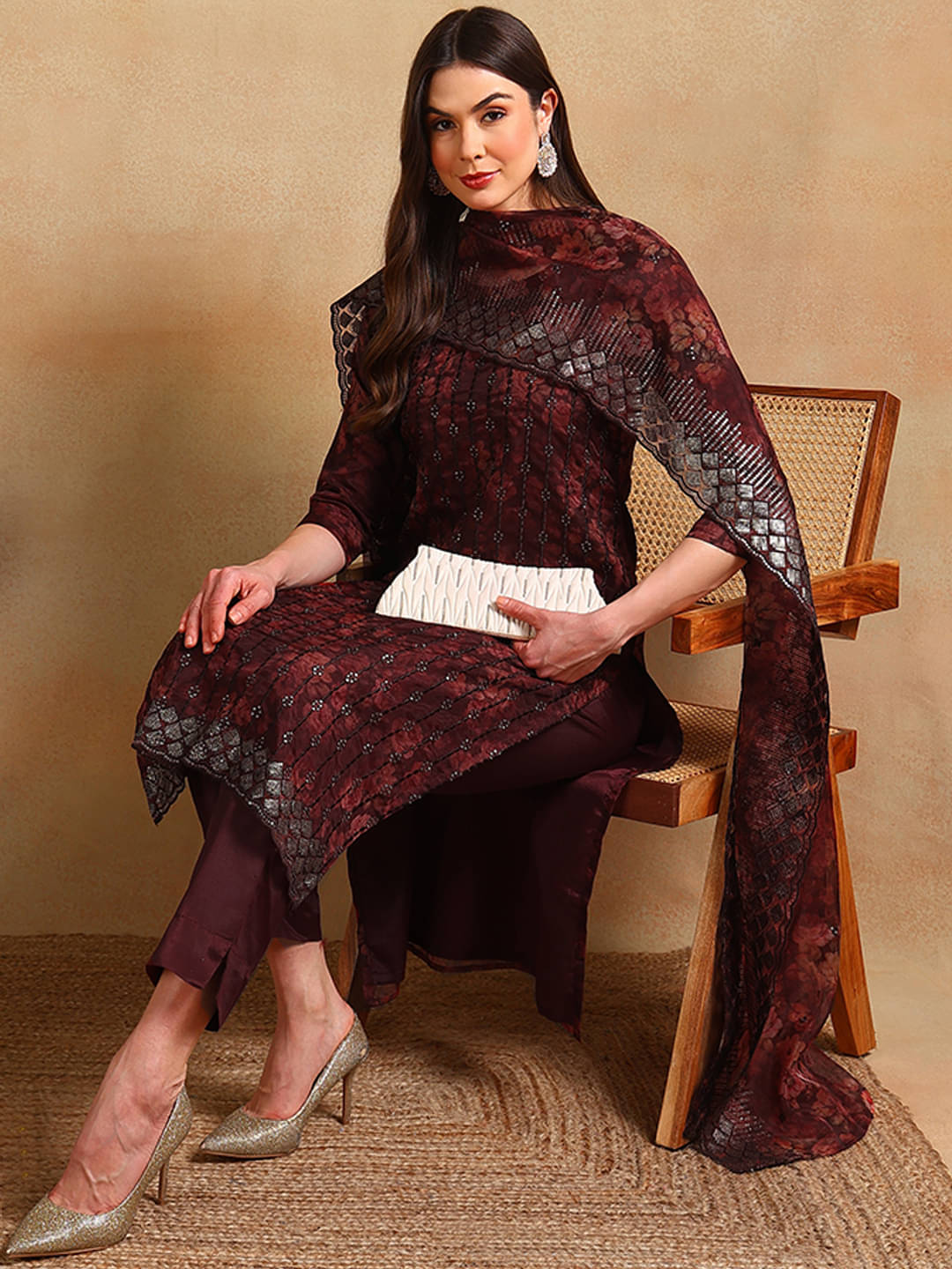     			Vaamsi Organza Printed Kurti With Pants Women's Stitched Salwar Suit - Brown ( Pack of 1 )