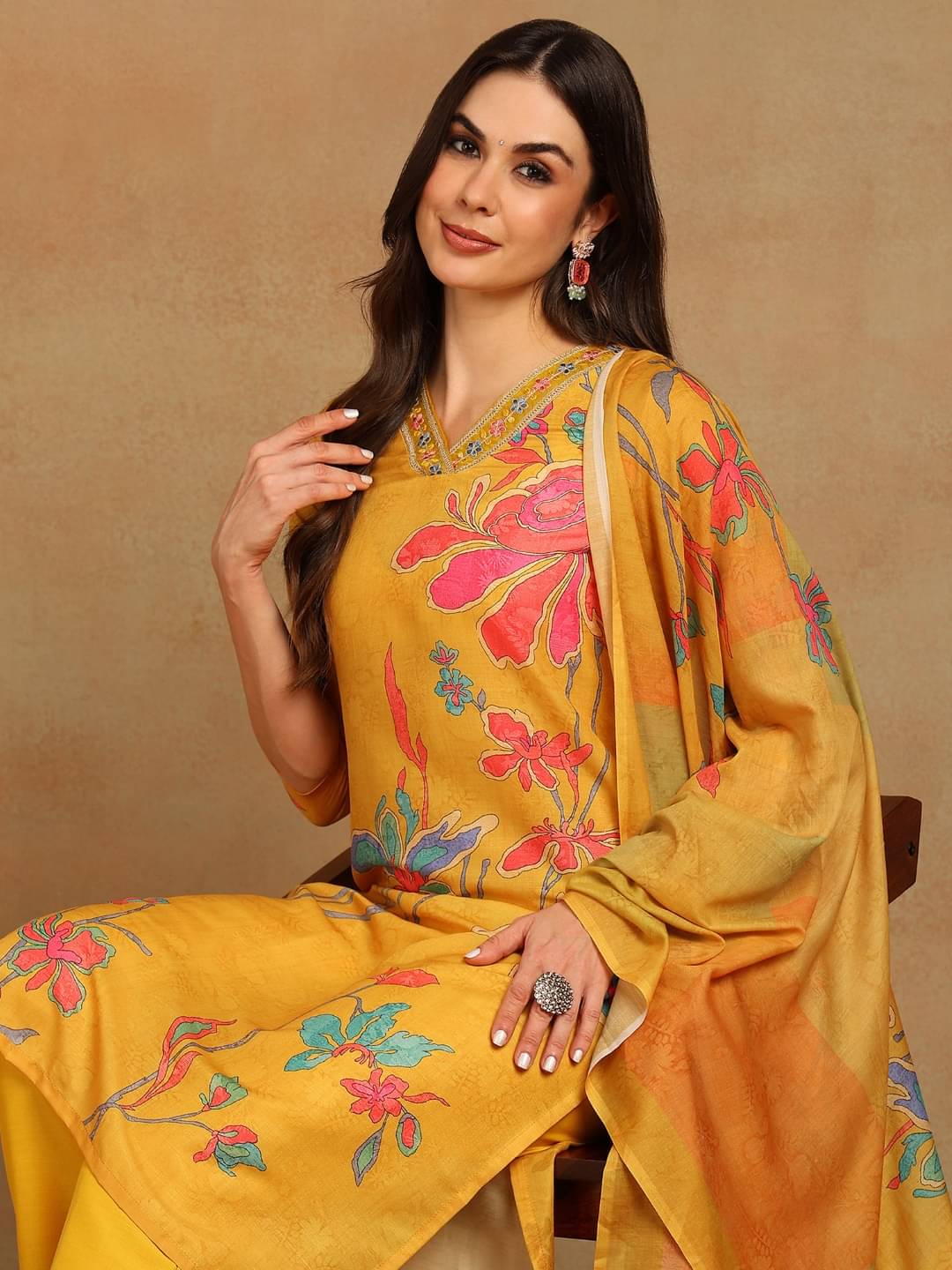    			Vaamsi Silk Blend Printed Kurti With Pants Women's Stitched Salwar Suit - Mustard ( Pack of 1 )