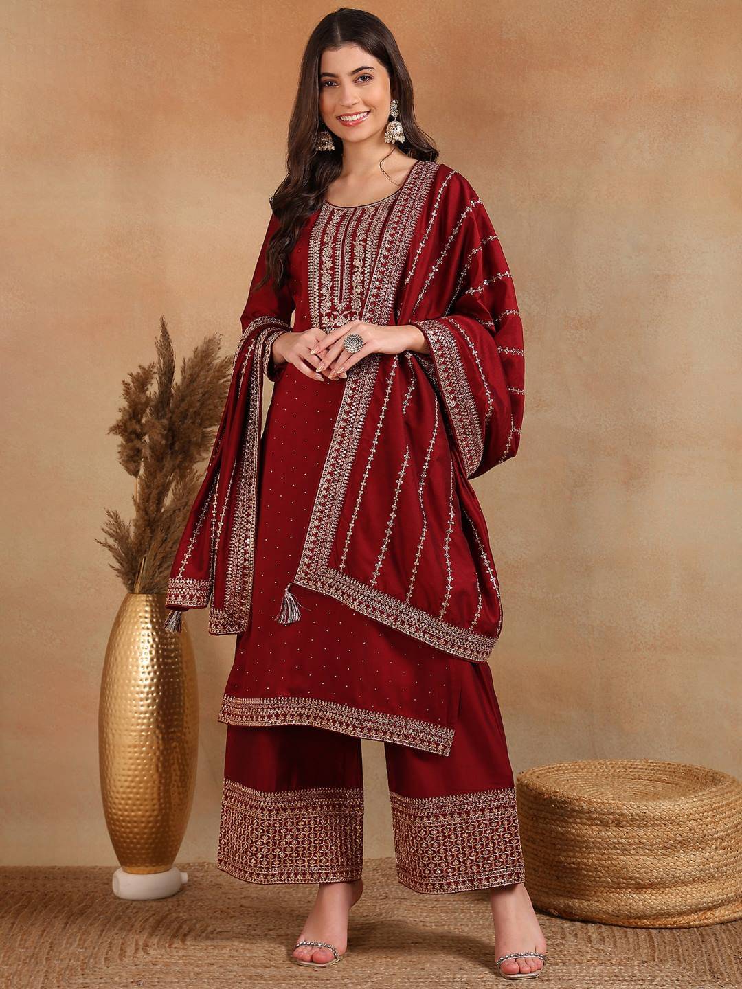     			Vaamsi Silk Blend Embellished Kurti With Palazzo Women's Stitched Salwar Suit - Maroon ( Pack of 1 )