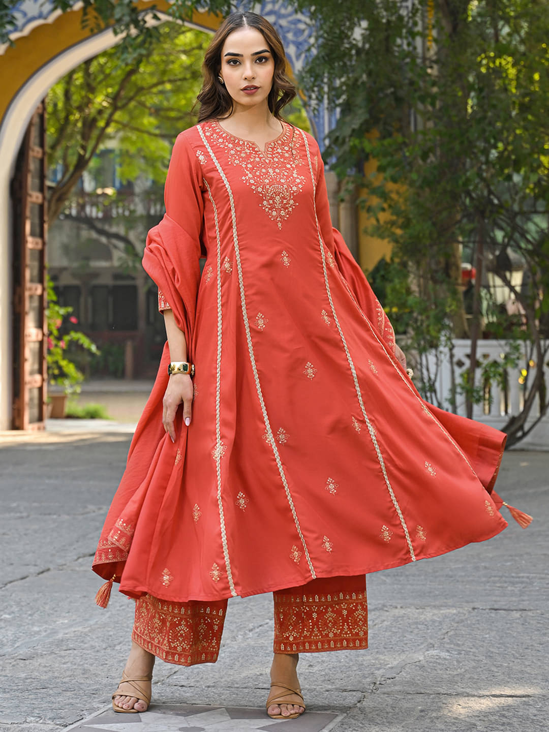     			Vaamsi Silk Blend Embellished Kurti With Palazzo Women's Stitched Salwar Suit - Orange ( Pack of 1 )