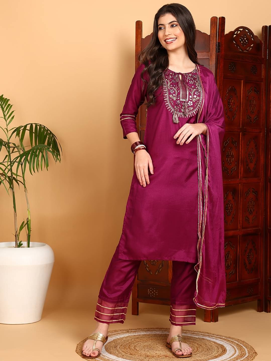     			Vaamsi Silk Blend Embellished Kurti With Pants Women's Stitched Salwar Suit - Purple ( Pack of 1 )