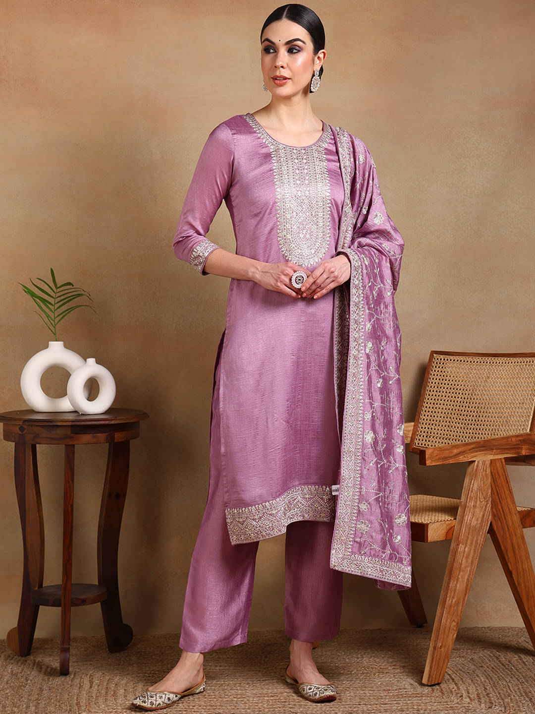     			Vaamsi Silk Blend Embellished Kurti With Pants Women's Stitched Salwar Suit - Lavender ( Pack of 1 )