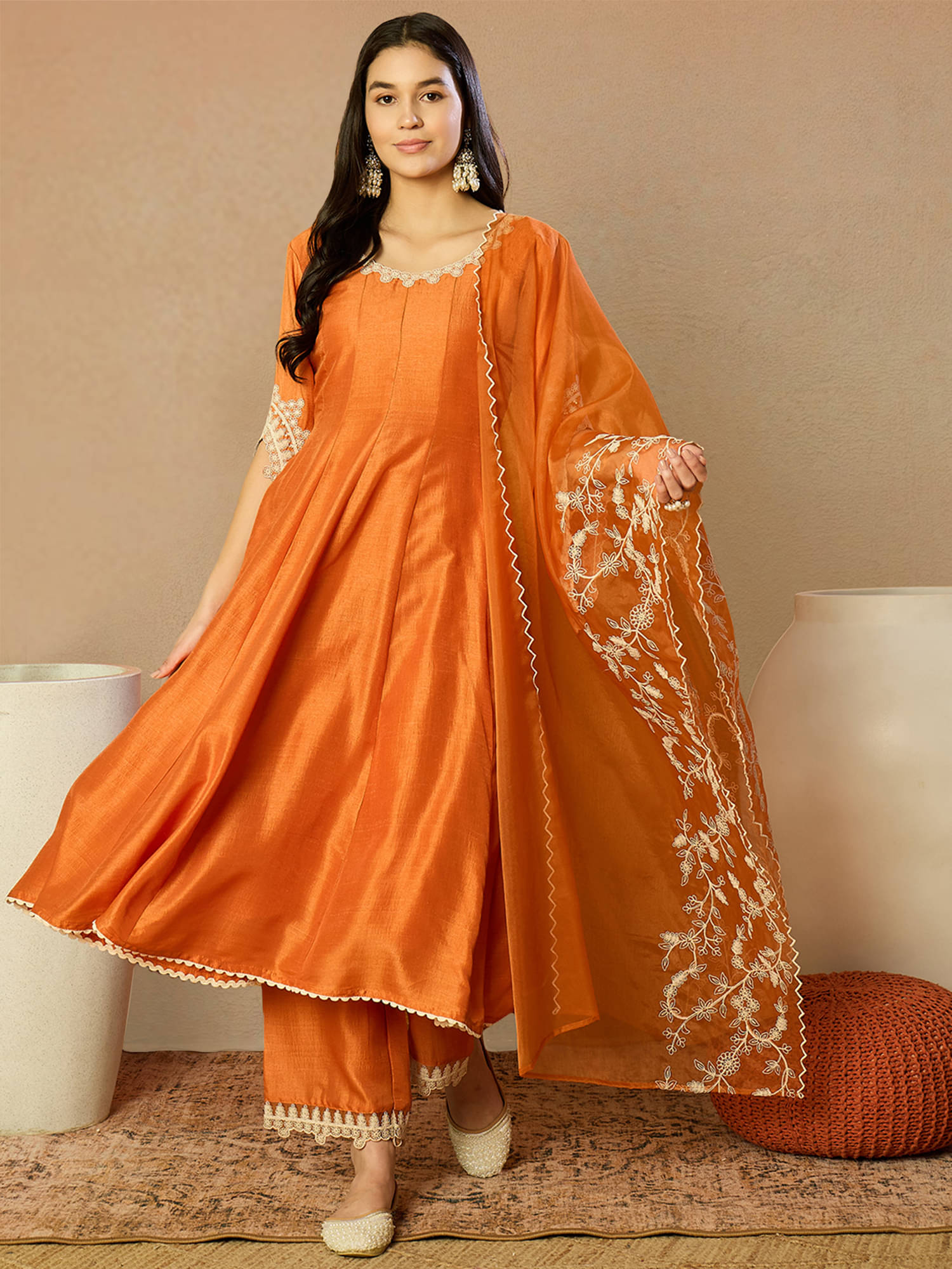 Vaamsi Silk Blend Embroidered Kurti With Pants Women's Stitched Salwar Suit - Orange ( Pack of 1 )     			Vaamsi Silk Blend Embroidered Kurti With Pants Women's Stitched Salwar Suit - Orange ( Pack of 1 )