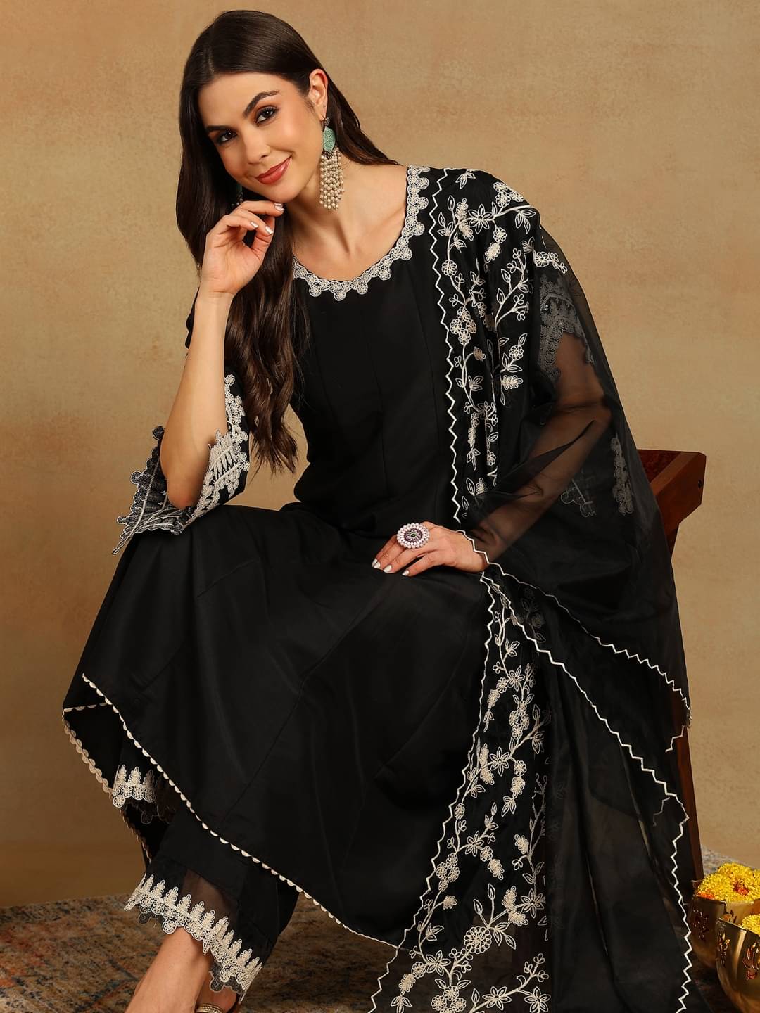     			Vaamsi Silk Blend Embroidered Kurti With Palazzo Women's Stitched Salwar Suit - Black ( Pack of 1 )