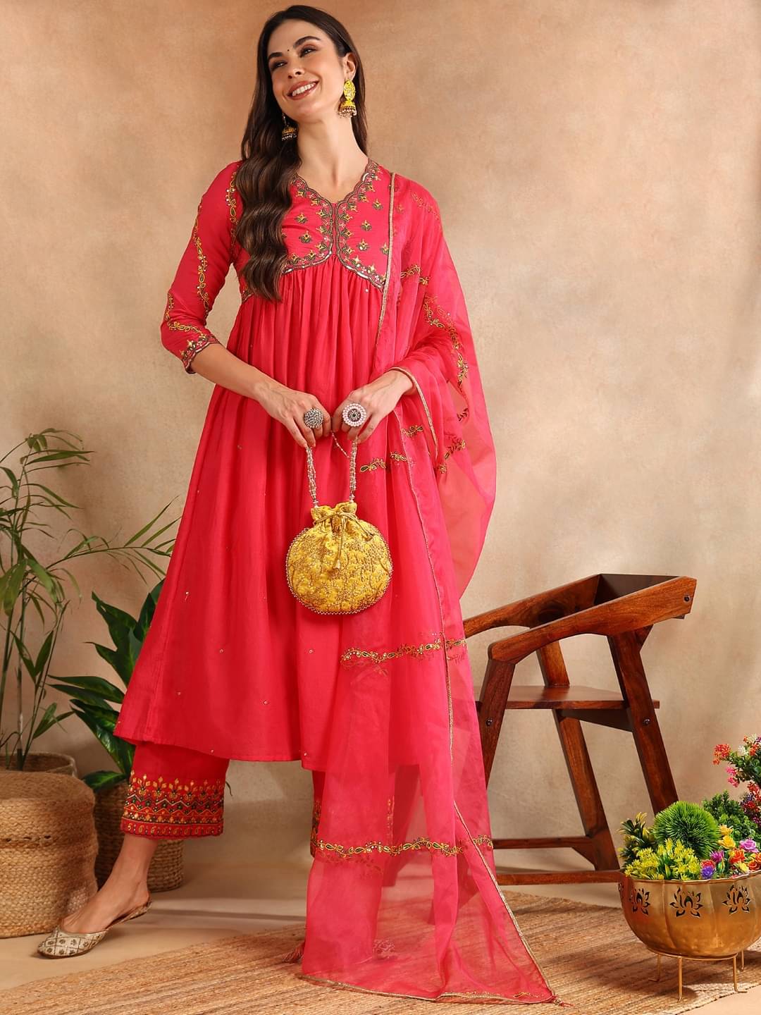    			Vaamsi Silk Blend Embroidered Kurti With Pants Women's Stitched Salwar Suit - Pink ( Pack of 1 )