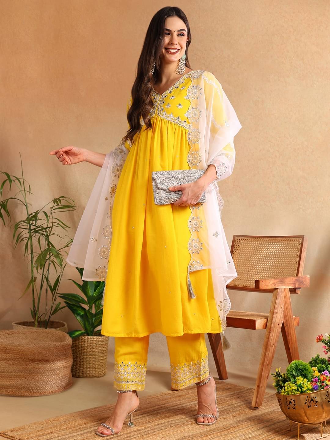    			Vaamsi Silk Blend Embroidered Kurti With Pants Women's Stitched Salwar Suit - Yellow ( Pack of 1 )