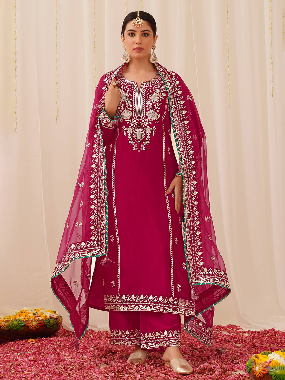     			Vaamsi Silk Blend Embroidered Kurti With Palazzo Women's Stitched Salwar Suit - Pink ( Pack of 1 )