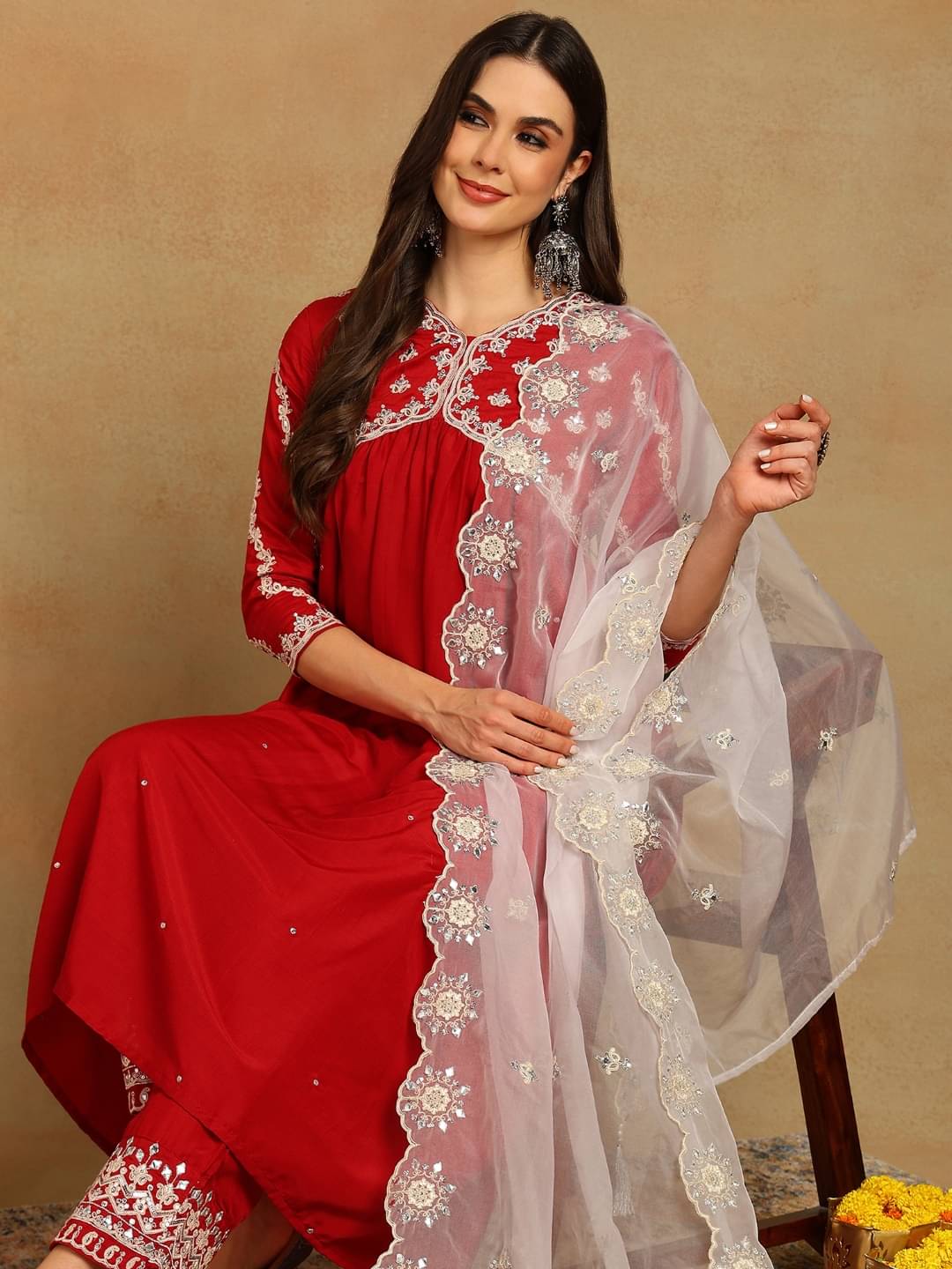     			Vaamsi Silk Blend Embroidered Kurti With Pants Women's Stitched Salwar Suit - Maroon ( Pack of 1 )