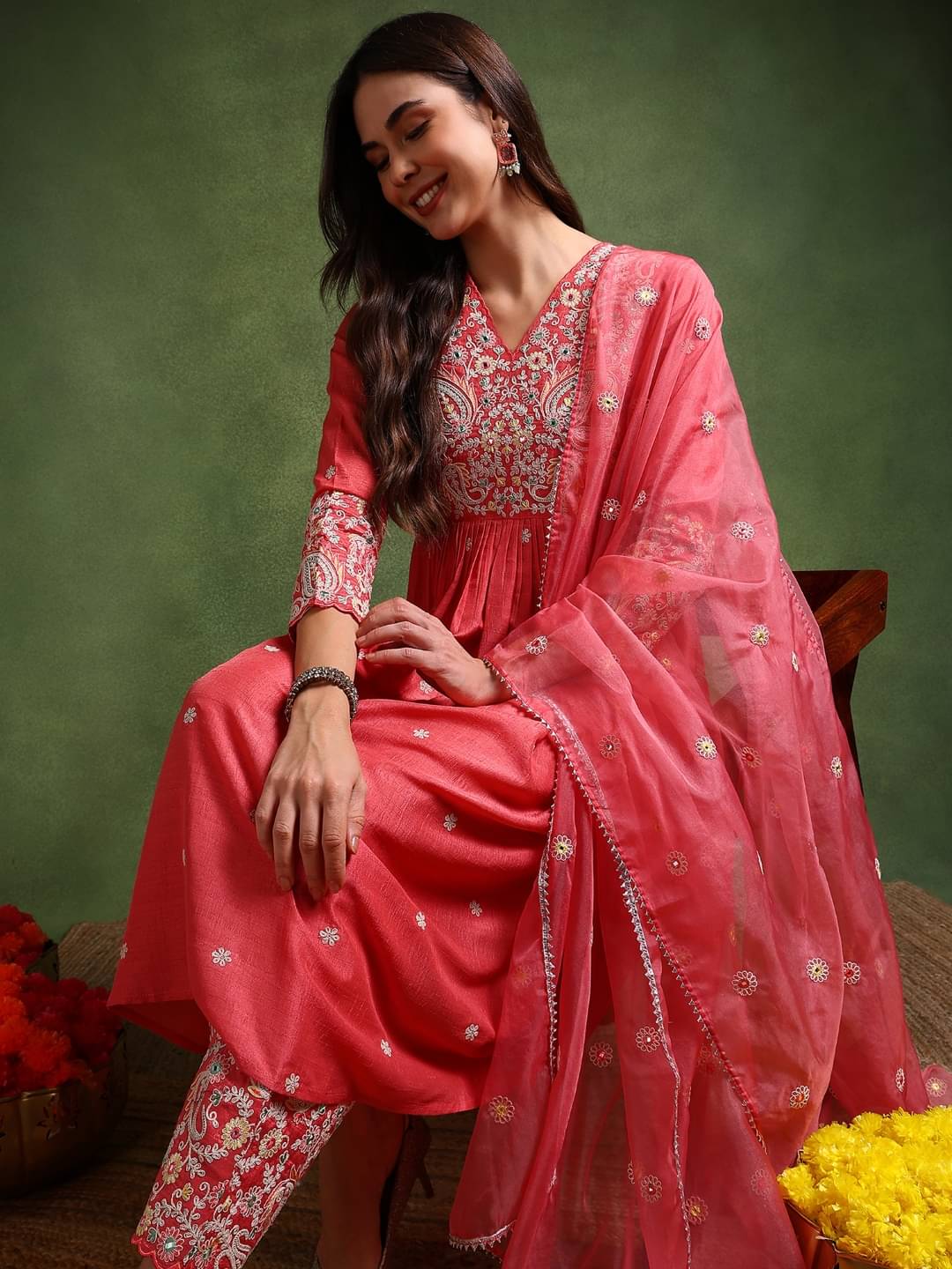     			Vaamsi Silk Blend Embroidered Kurti With Palazzo Women's Stitched Salwar Suit - Pink ( Pack of 1 )