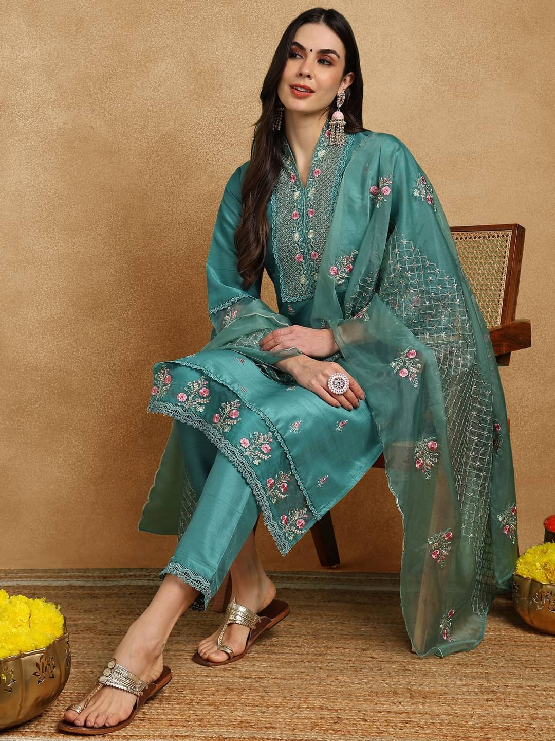     			Vaamsi Silk Blend Embroidered Kurti With Pants Women's Stitched Salwar Suit - Teal ( Pack of 1 )
