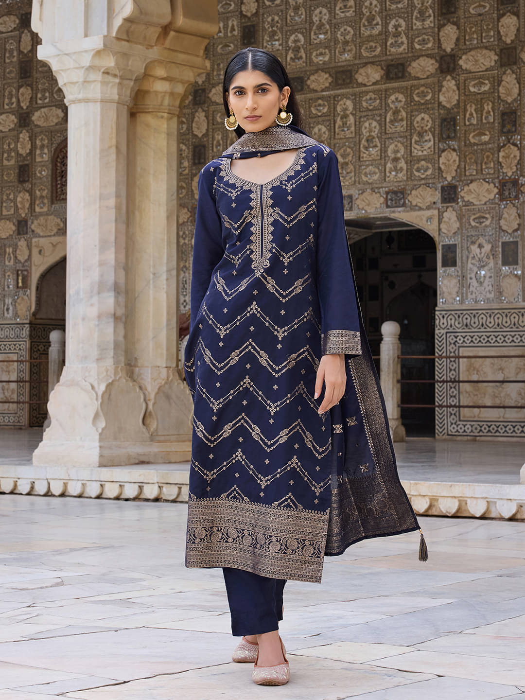 Vaamsi Silk Blend Self Design Kurti With Pants Women's Stitched Salwar Suit - Navy Blue ( Pack of 1 ) Vaamsi Silk Blend Self Design Kurti With Pants Women's Stitched Salwar Suit - Navy Blue ( Pack of 1 )