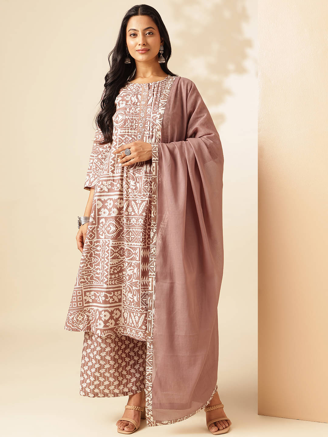     			Vbuyz Cotton Printed Kurti With Palazzo Women's Stitched Salwar Suit - Beige ( Pack of 1 )