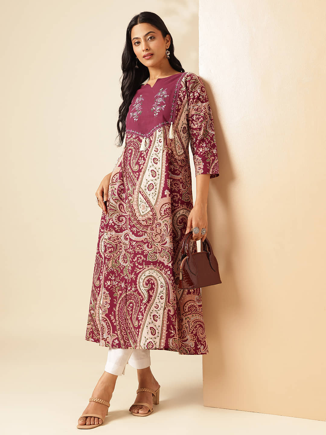 Vbuyz Pack of 1 Cotton Printed Anarkali Women's Kurti - ( Wine ) - Kurtis, Tunics | Buy online on ZillyBuy