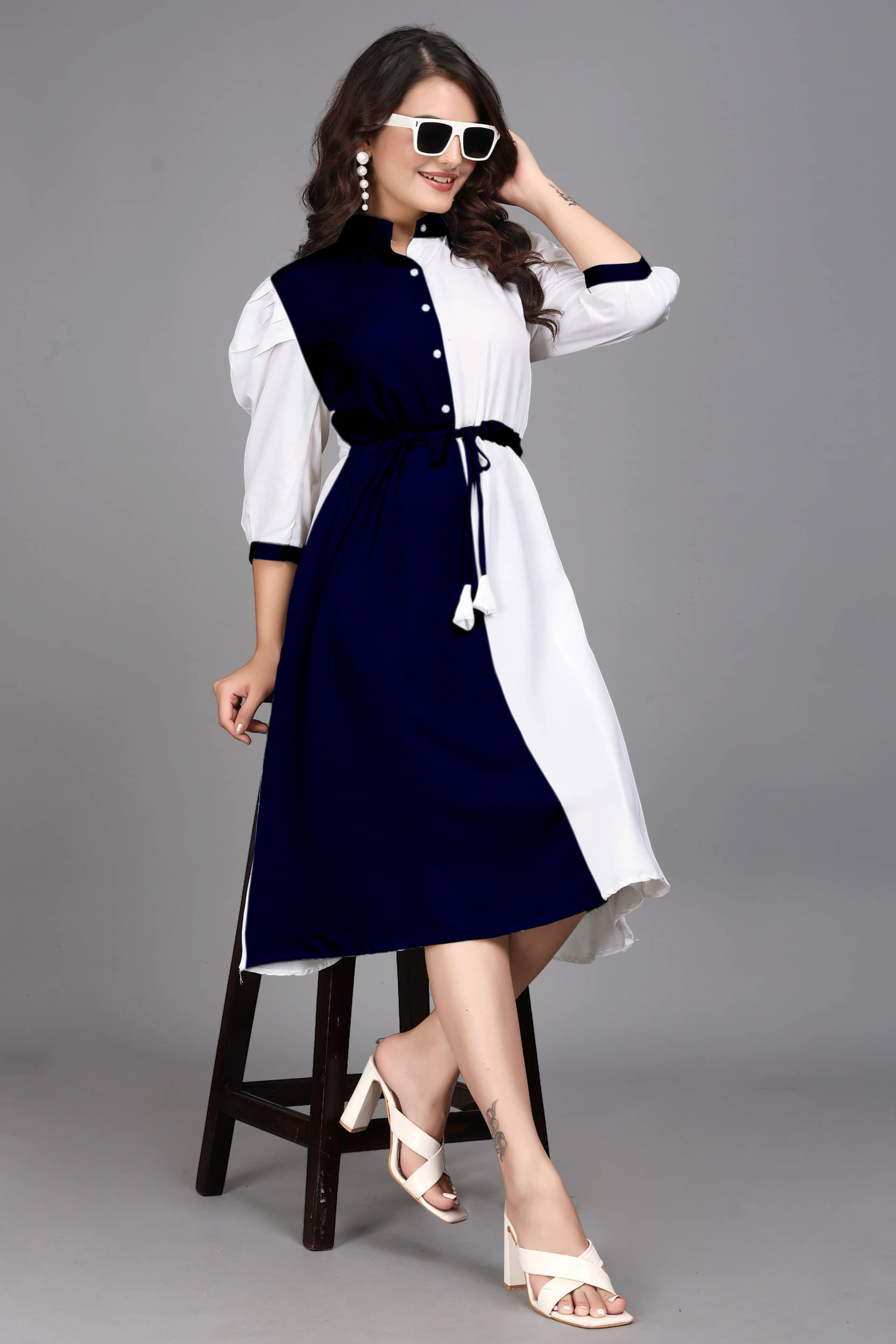ZELZIS Women Cotton Colorblock Fit & Flare Dress ( Blue ) ZELZIS Women Cotton Colorblock Fit & Flare Dress ( Blue )