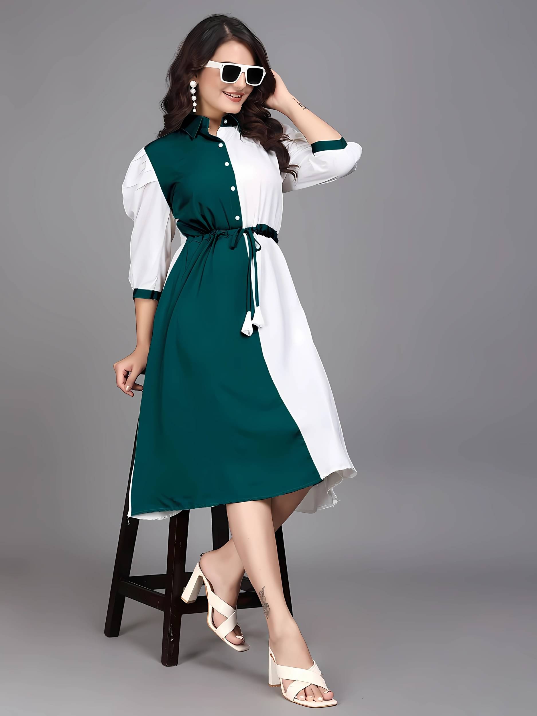 ZELZIS Women Cotton Colorblock Fit & Flare Dress ( Green )     			ZELZIS Women Cotton Colorblock Fit & Flare Dress ( Green )
