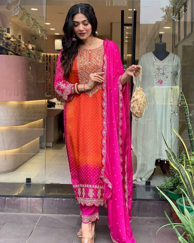     			rangvini Chanderi Silk Embellished Kurti With Pants Women's Stitched Salwar Suit - Pink ( Pack of 1 )