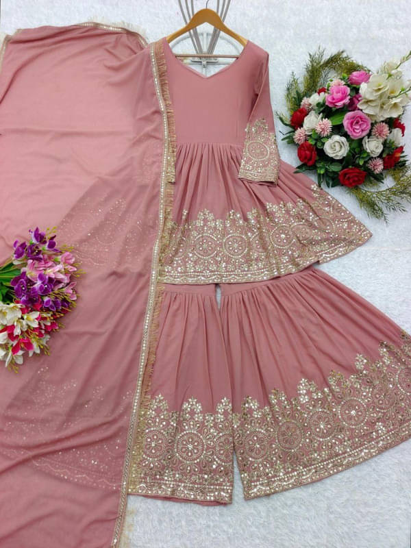     			rangvini Georgette Embellished Kurti With Sharara And Gharara Women's Stitched Salwar Suit - Peach ( Pack of 1 )