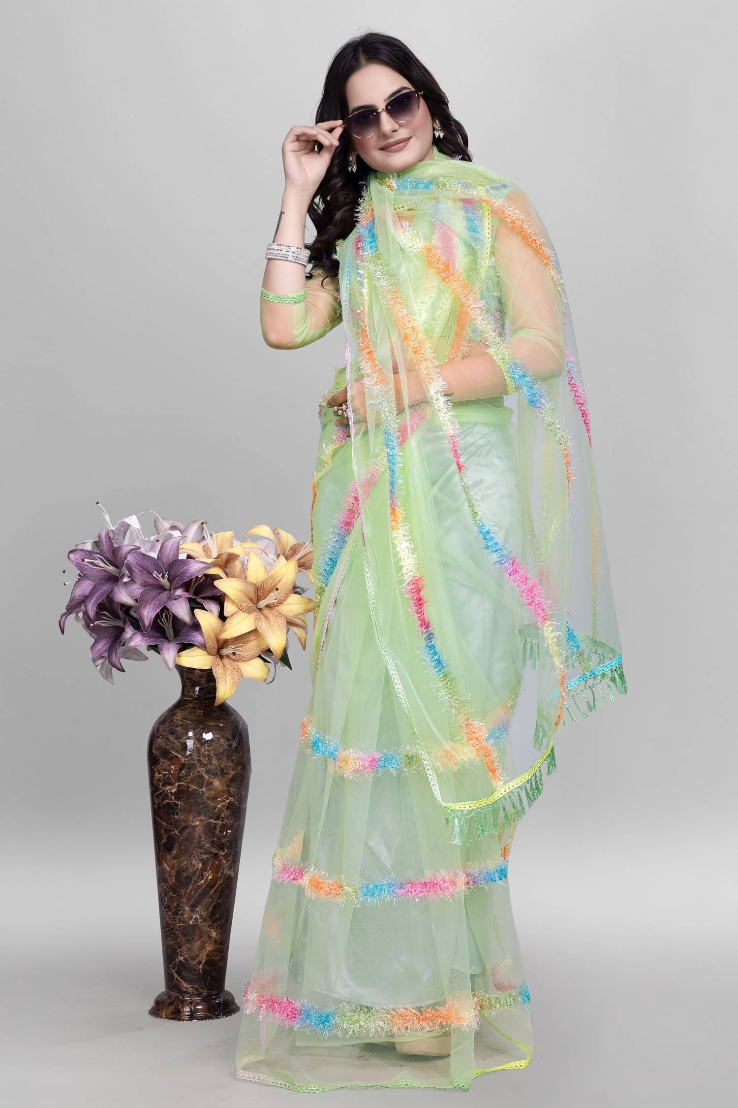 Aika Net Embroidered Saree With Unstitched Blouse Piece ( Sea Green ) Aika Net Embroidered Saree With Unstitched Blouse Piece ( Sea Green )