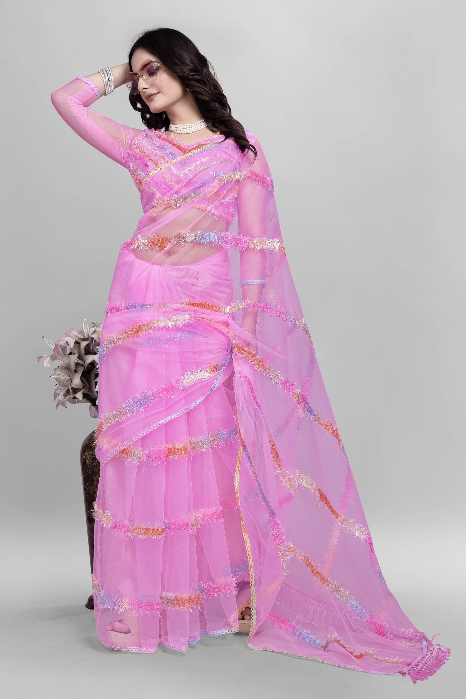     			Aika Net Embroidered Saree With Unstitched Blouse Piece ( Pink )