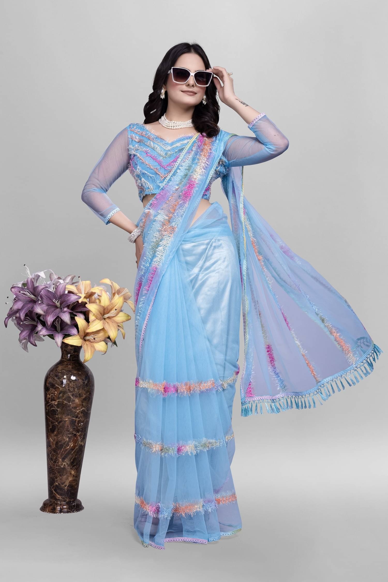     			Aika Net Embroidered Saree With Unstitched Blouse Piece ( SkyBlue )