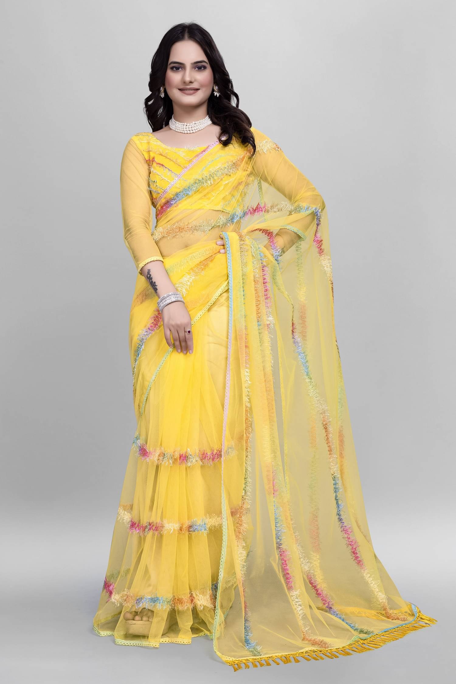 Apnisha Net Self Design Saree With Unstitched Blouse Piece ( Yellow ) Apnisha Net Self Design Saree With Unstitched Blouse Piece ( Yellow )