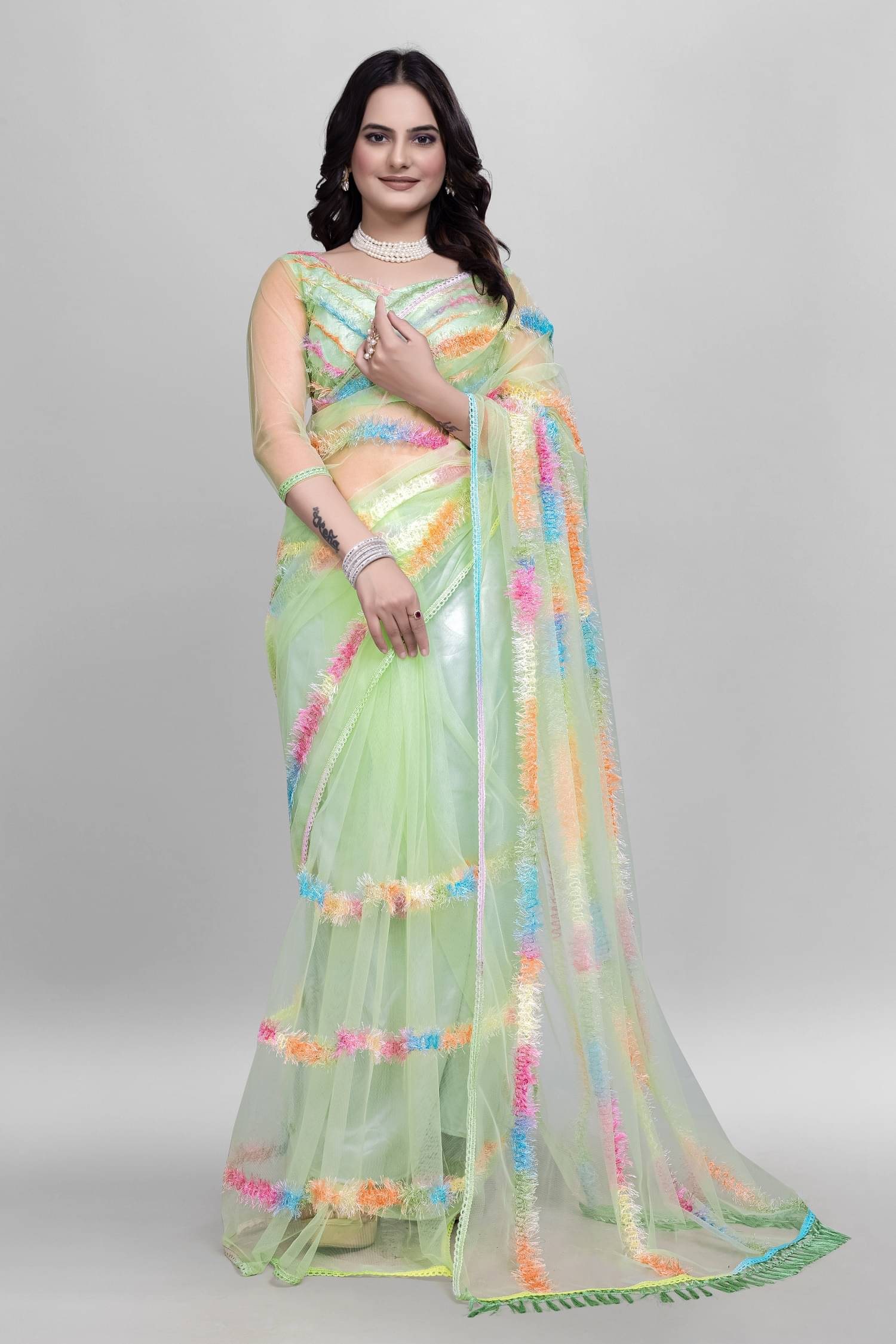     			Apnisha Net Self Design Saree With Unstitched Blouse Piece ( Sea Green )