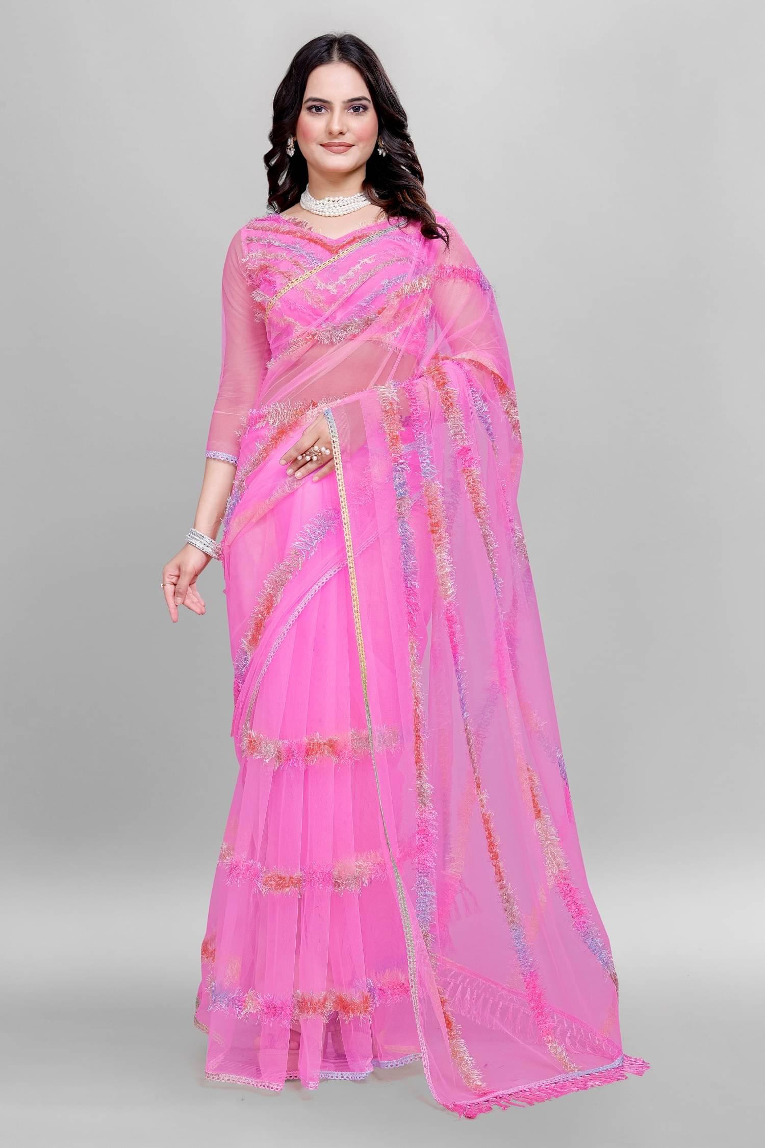     			Apnisha Net Self Design Saree With Unstitched Blouse Piece ( Pink )