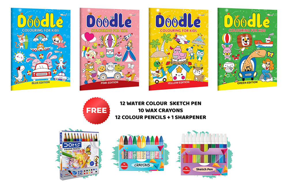     			Doodle Colouring for kids - Blue, Pink, Yellow and Green Edition with 10 wax crayons, 12 water colour sketch pen and 12 colour pencil + Sharpner | Pack of 4 Colouring Books