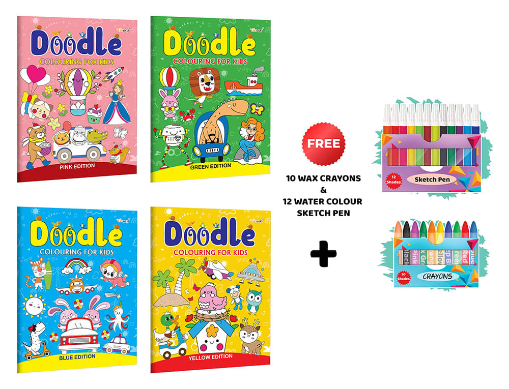 Doodle Colouring for kids - Blue, Pink, Yellow and Green Edition with 10 Wax Crayons and 12 Water Colour Sketch Pen : Colouring book for kids | Pack of 4 Colouring Books Doodle Colouring for kids - Blue, Pink, Yellow and Green Edition with 10 Wax Crayons and 12 Water Colour Sketch Pen : Colouring book for kids | Pack of 4 Colouring Books