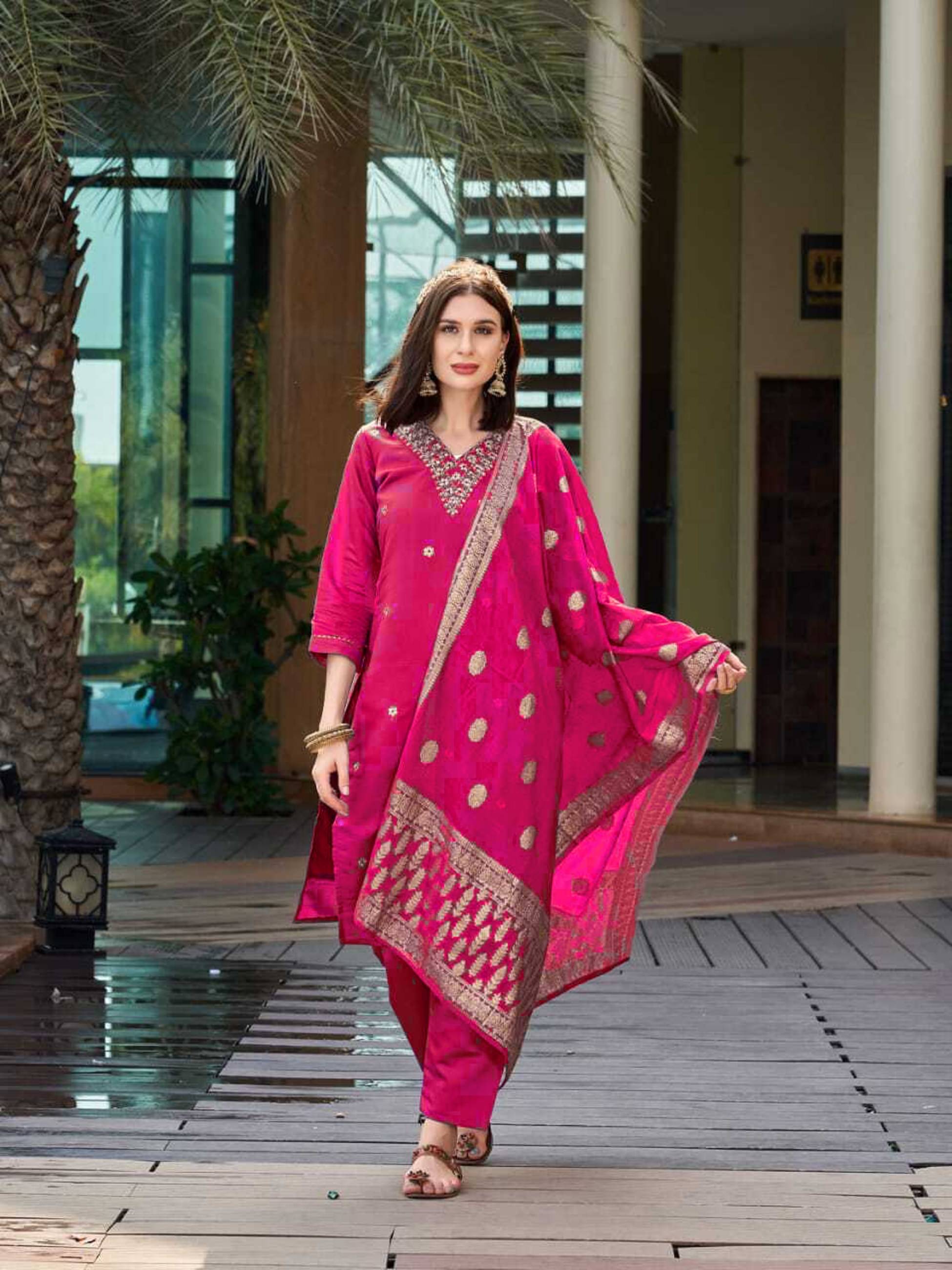     			GOPI SAREE Cotton Silk Embroidered Kurti With Pants Women's Stitched Salwar Suit - Pink ( Pack of 1 )