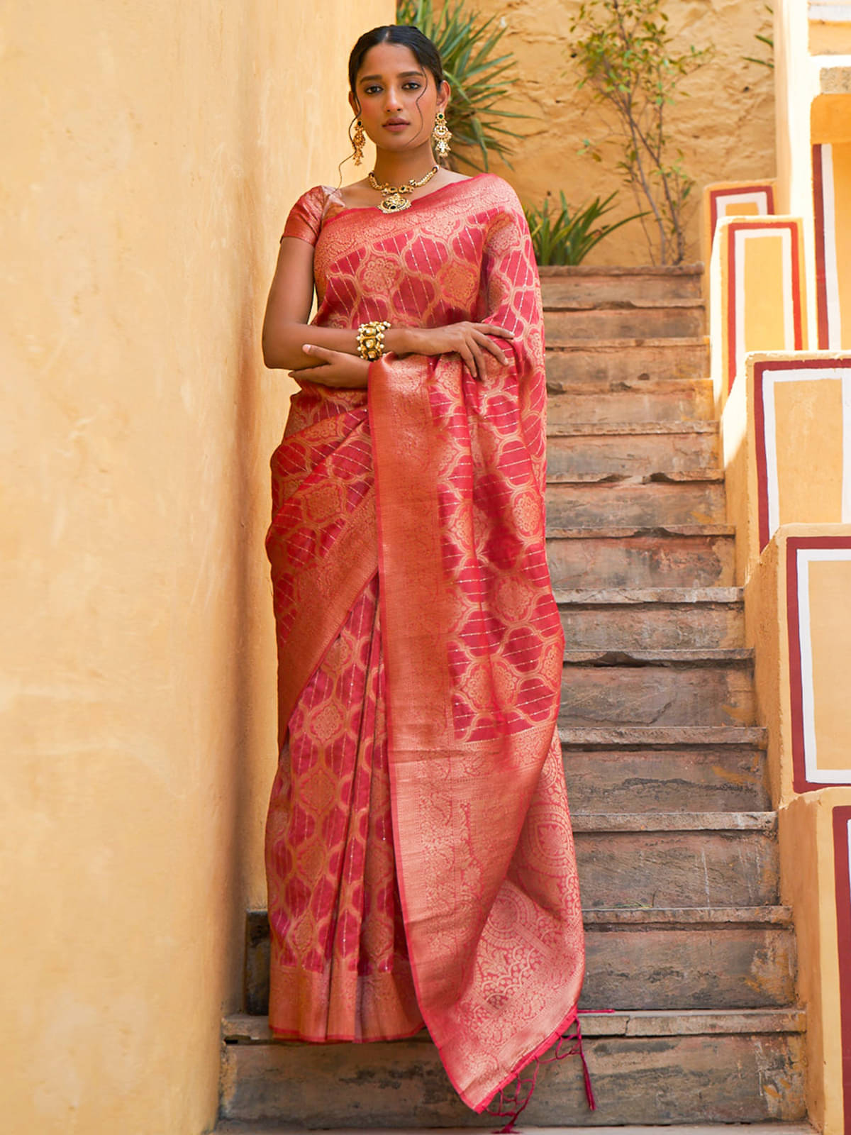     			Janasya Art Silk Embellished Saree With Unstitched Blouse Piece ( Pink )