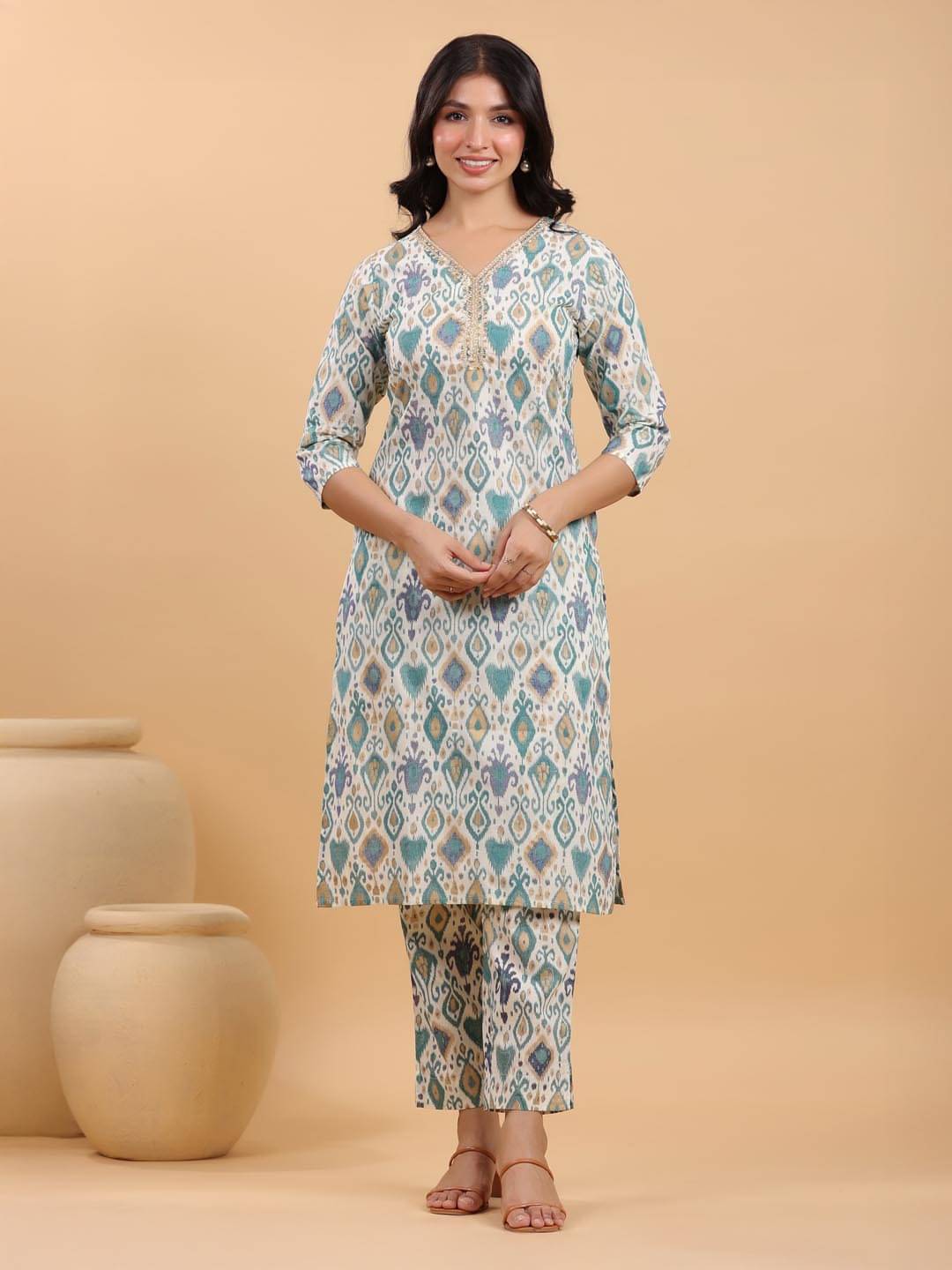     			Janasya Cotton Printed Kurti With Pants Women's Stitched Salwar Suit - Off White ( Pack of 1 )