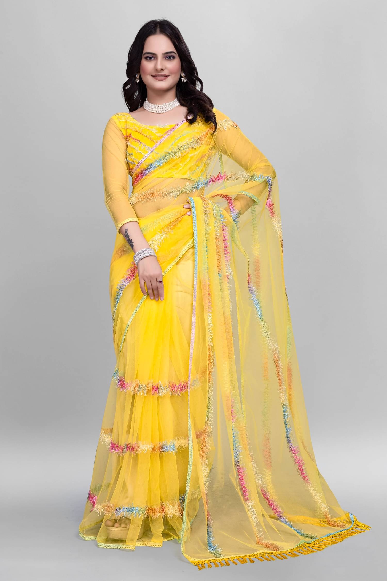     			KV Fashion Net Embroidered Saree With Unstitched Blouse Piece ( Yellow )