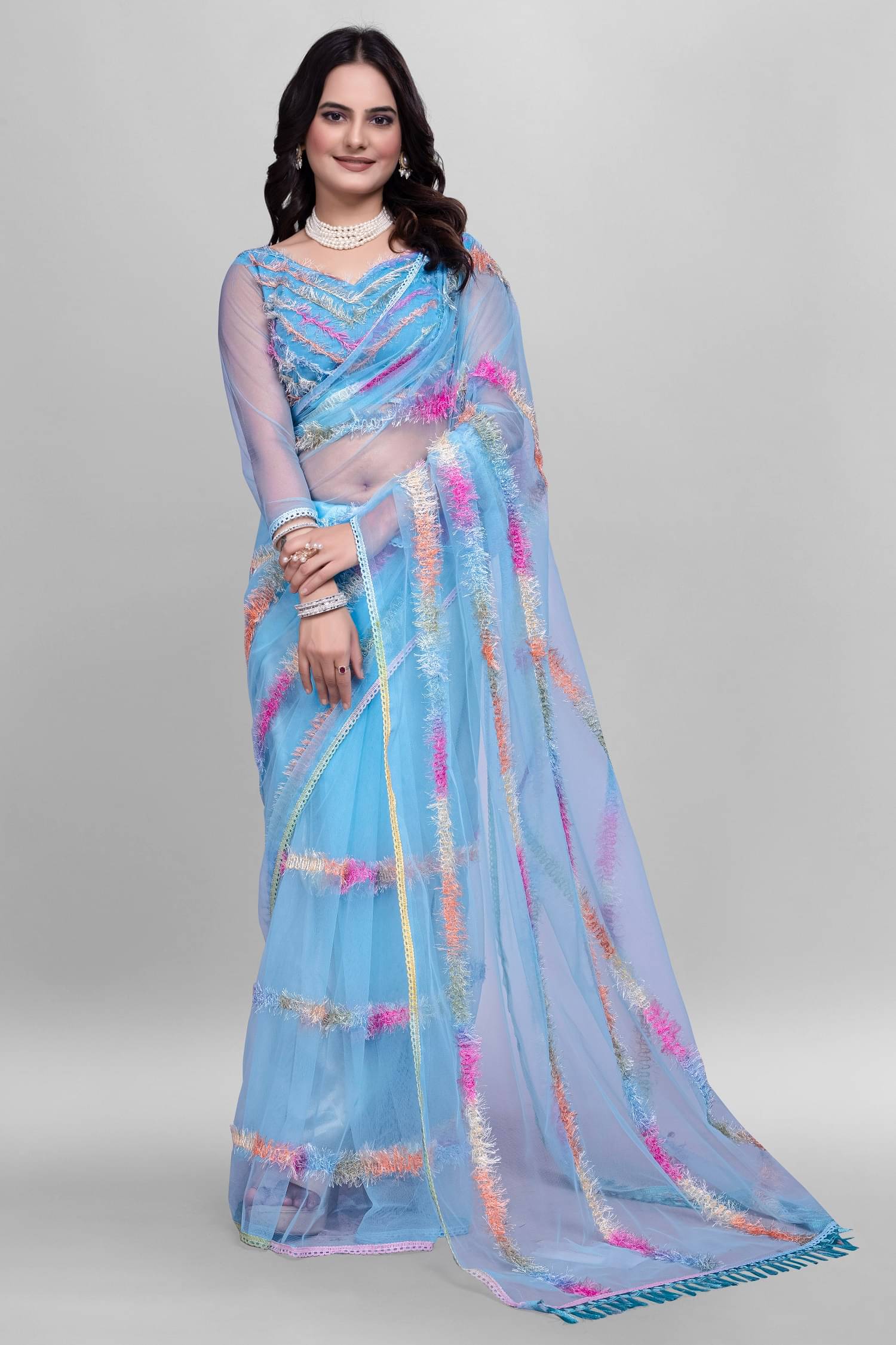 KV Fashion Net Embroidered Saree With Unstitched Blouse Piece ( SkyBlue )     			KV Fashion Net Embroidered Saree With Unstitched Blouse Piece ( SkyBlue )