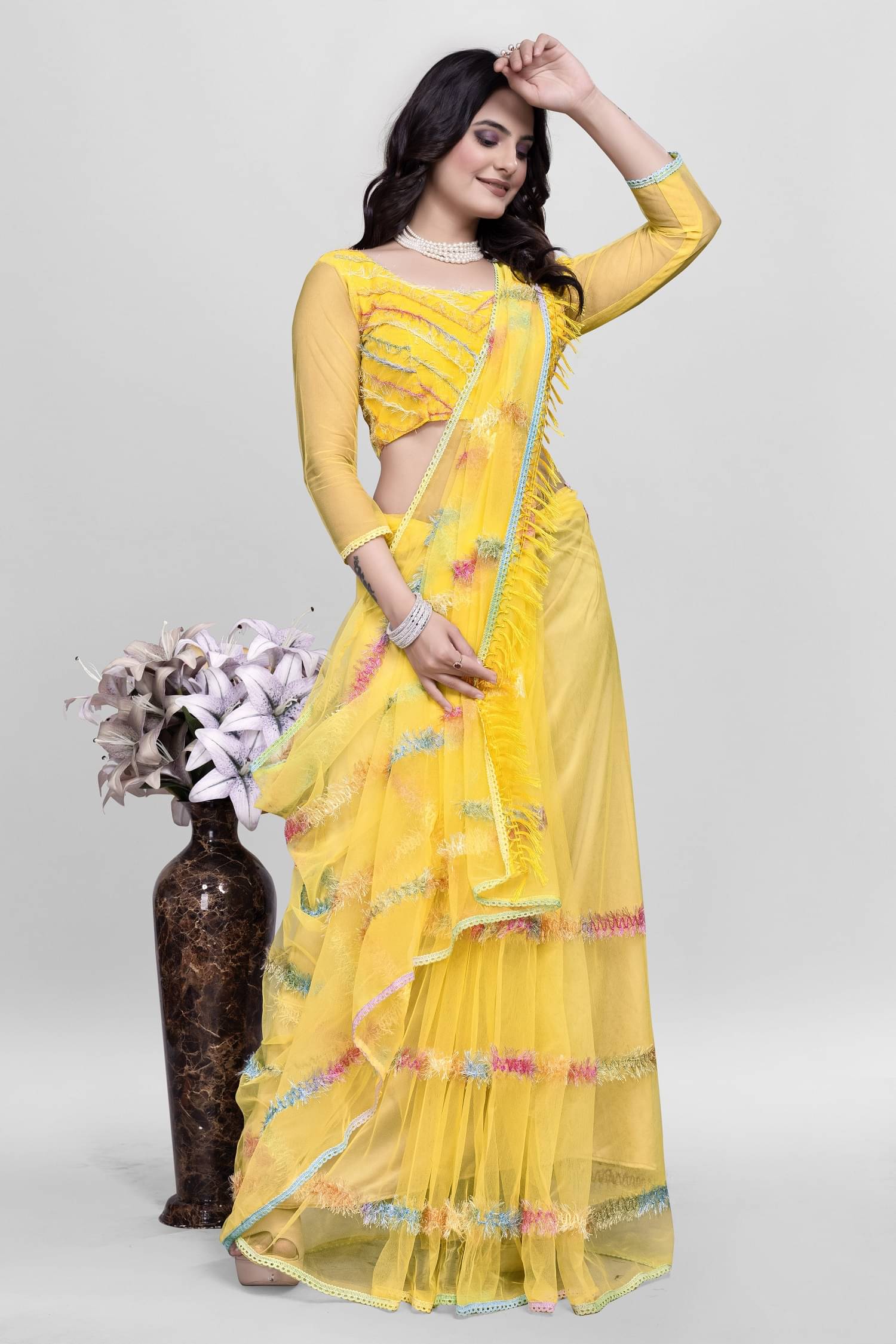 Lady Shopi Net Embroidered Saree With Unstitched Blouse Piece ( Yellow ) Lady Shopi Net Embroidered Saree With Unstitched Blouse Piece ( Yellow )