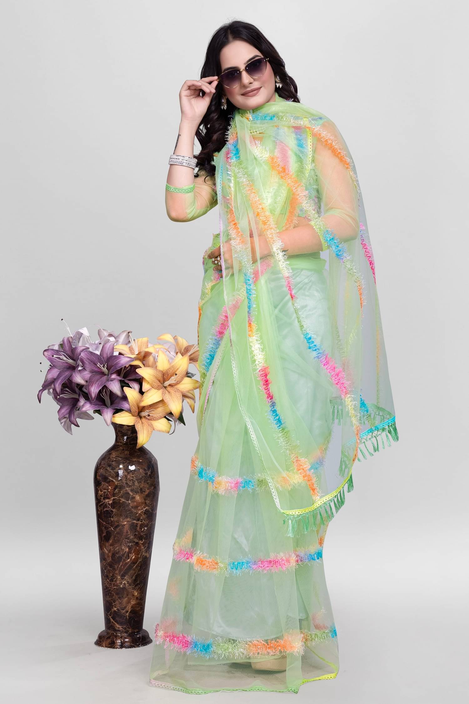 Lady Shopi Net Embroidered Saree With Unstitched Blouse Piece ( Sea Green ) Lady Shopi Net Embroidered Saree With Unstitched Blouse Piece ( Sea Green )