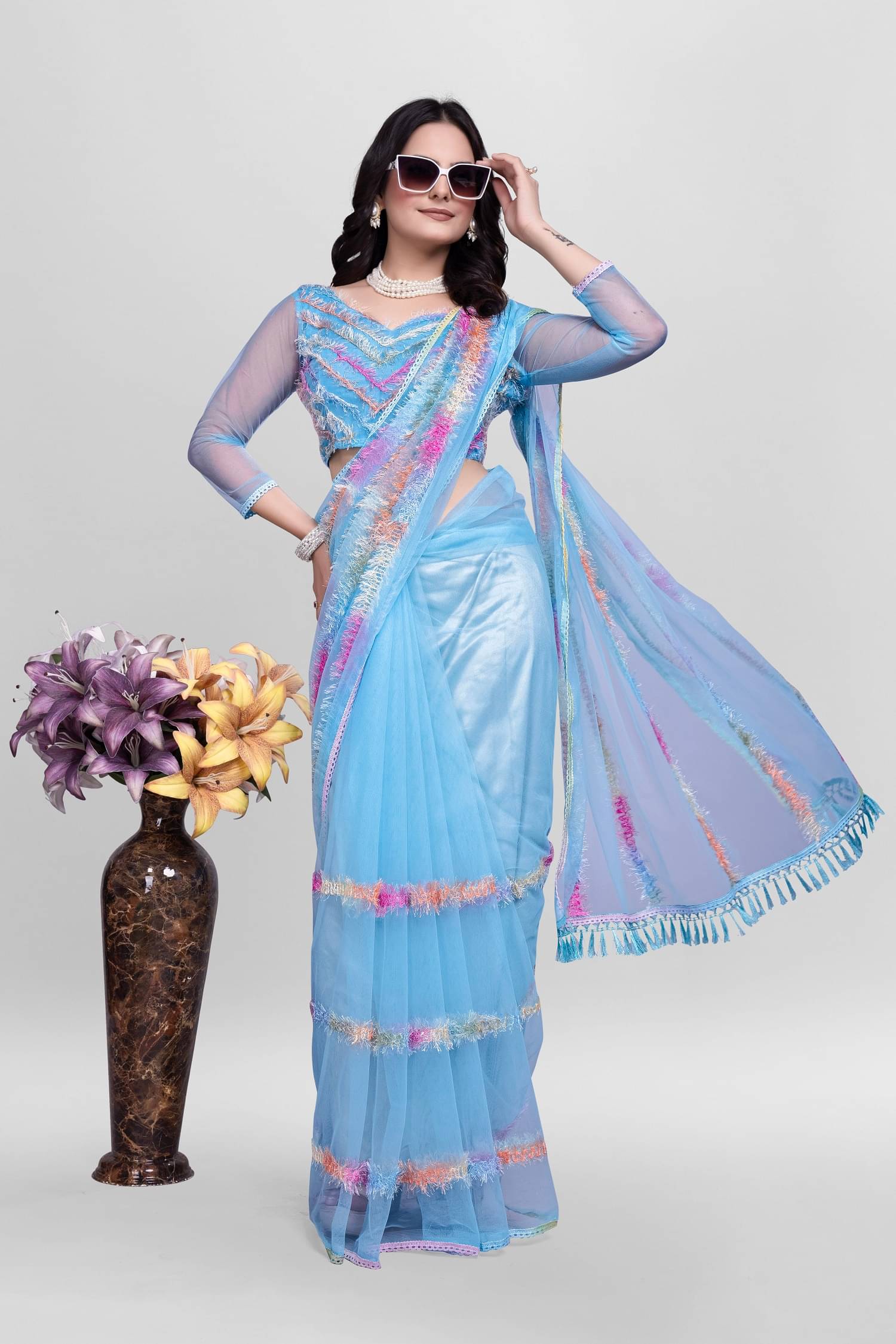 Lady Shopi Net Embroidered Saree With Unstitched Blouse Piece ( SkyBlue ) Lady Shopi Net Embroidered Saree With Unstitched Blouse Piece ( SkyBlue )