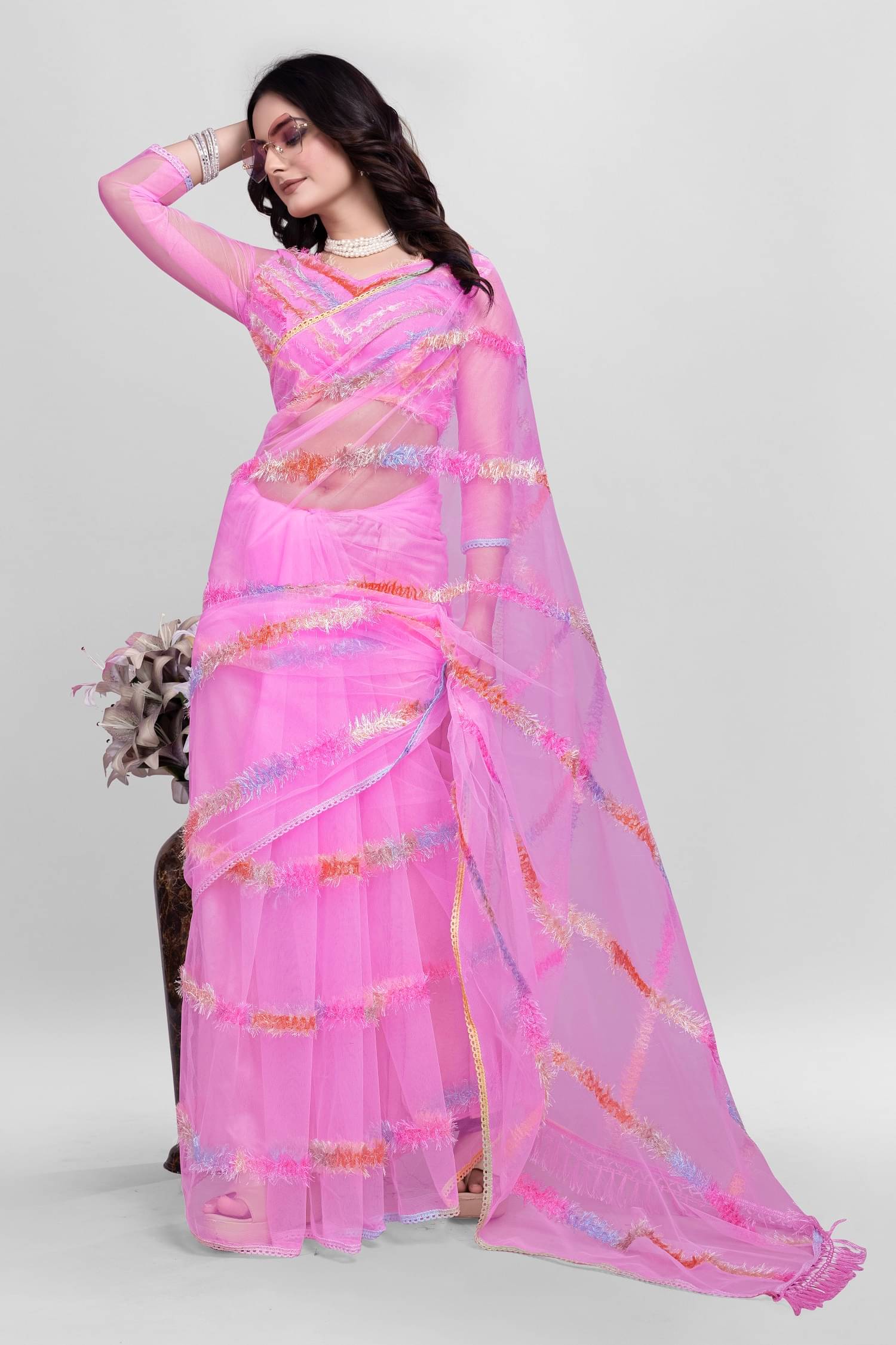 Lady Shopi Net Embroidered Saree With Unstitched Blouse Piece ( Pink ) Lady Shopi Net Embroidered Saree With Unstitched Blouse Piece ( Pink )