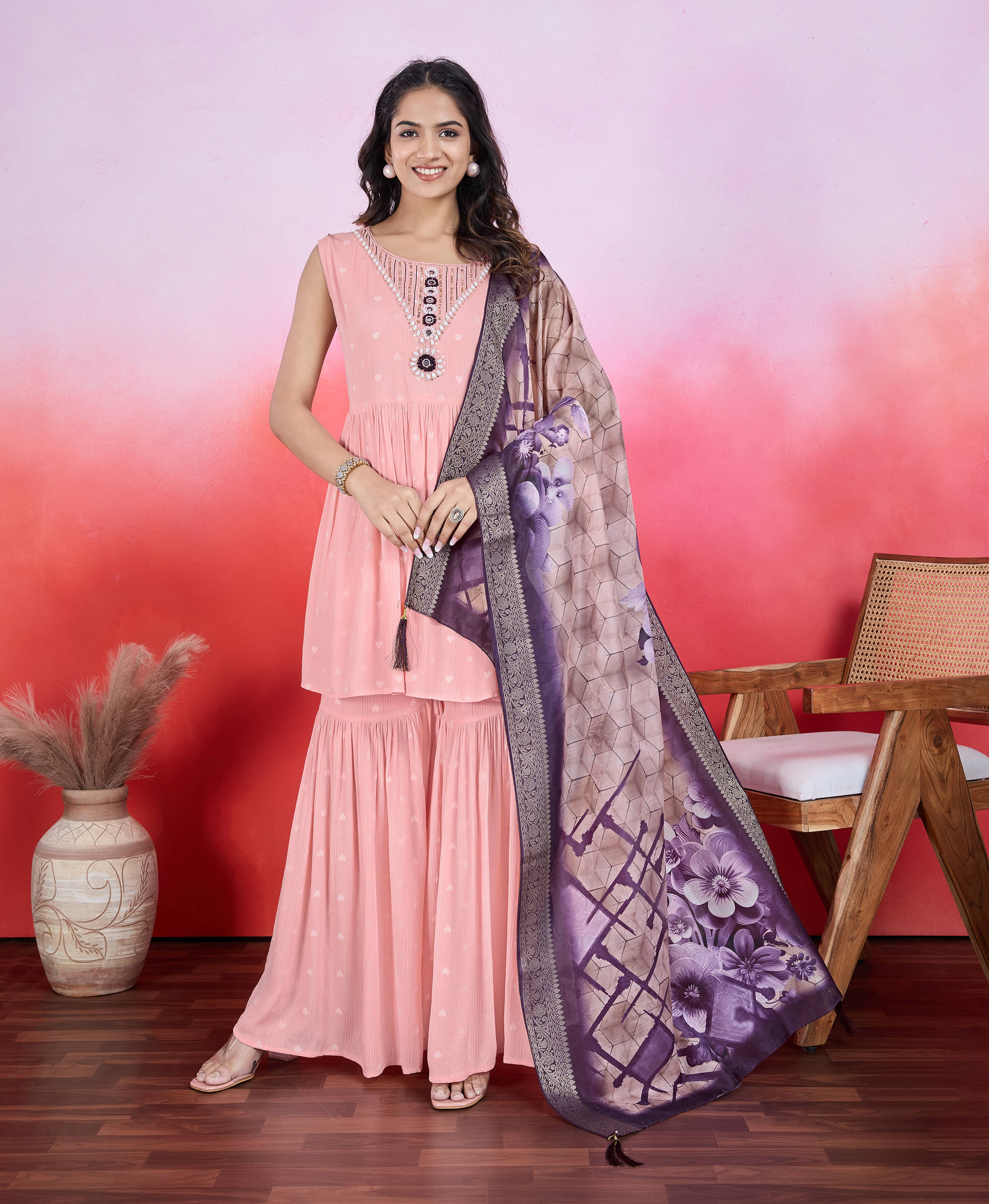 MOJILAA Chiffon Embroidered Kurti With Sharara And Gharara Women's Stitched Salwar Suit - Peach ( Pack of 1 ) MOJILAA Chiffon Embroidered Kurti With Sharara And Gharara Women's Stitched Salwar Suit - Peach ( Pack of 1 )