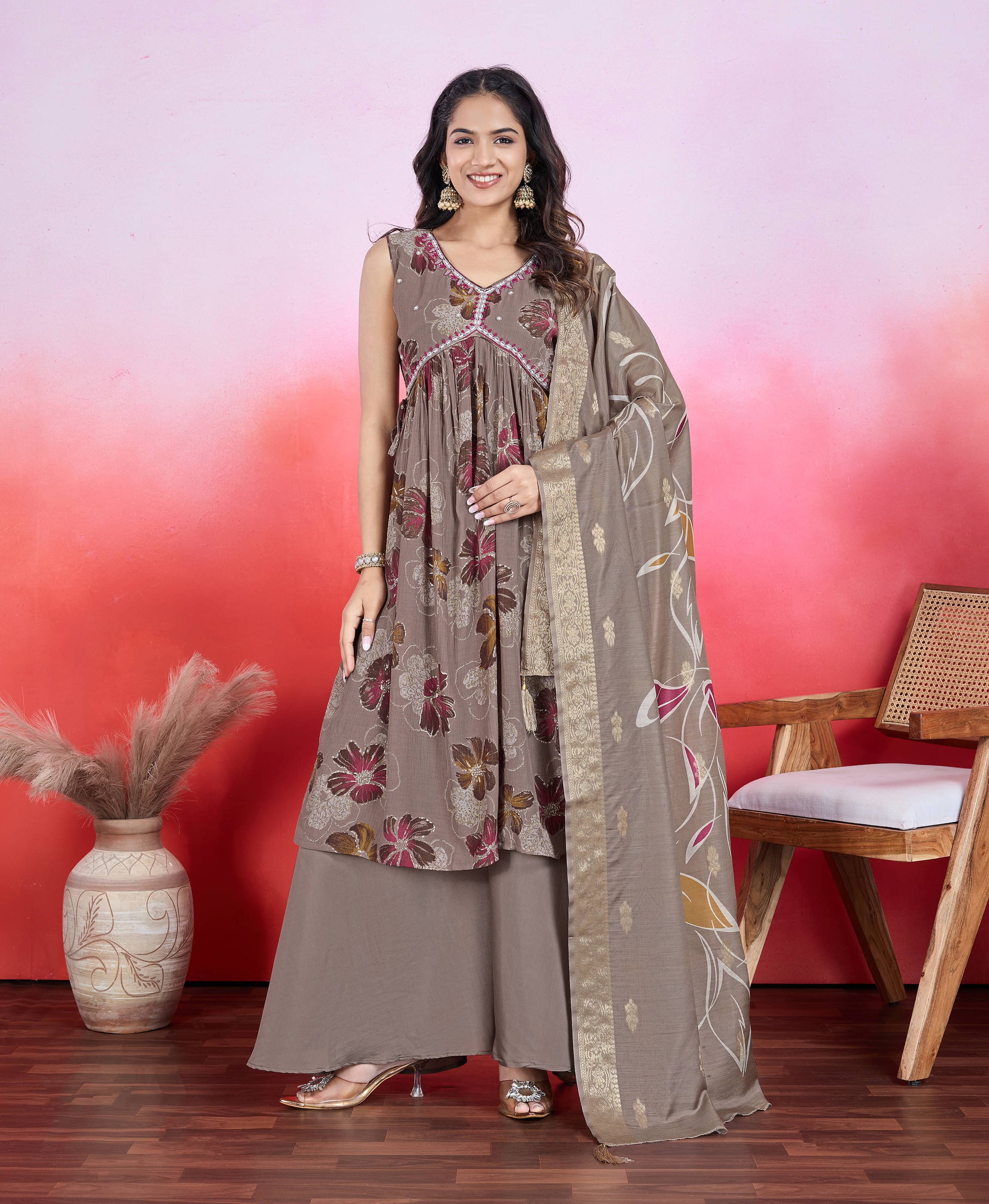 MOJILAA Chiffon Printed Kurti With Palazzo Women's Stitched Salwar Suit - Brown ( Pack of 1 ) MOJILAA Chiffon Printed Kurti With Palazzo Women's Stitched Salwar Suit - Brown ( Pack of 1 )