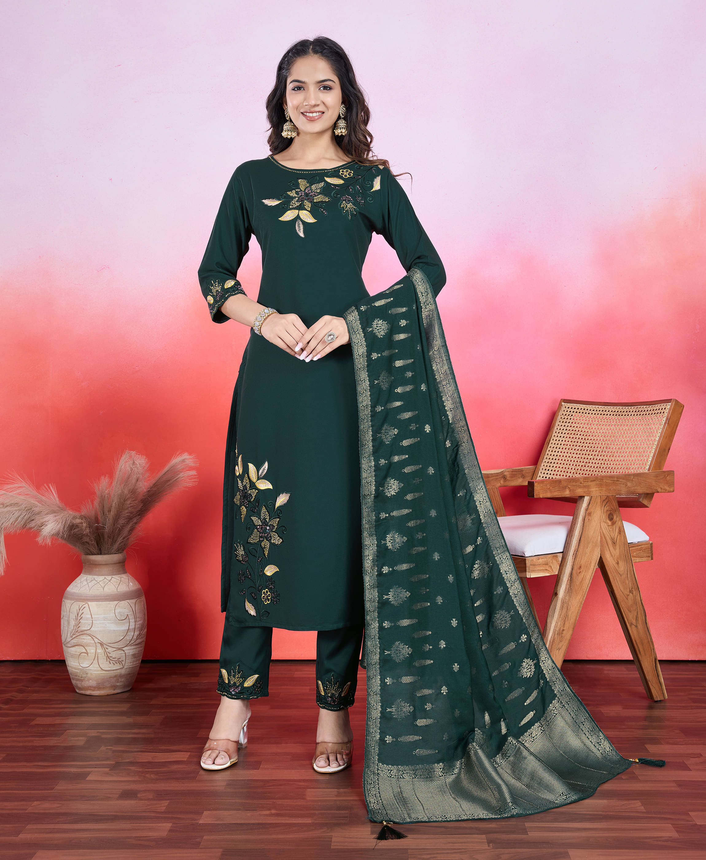 MOJILAA Viscose Embroidered Kurti With Pants Women's Stitched Salwar Suit - Dark Green ( Pack of 1 ) MOJILAA Viscose Embroidered Kurti With Pants Women's Stitched Salwar Suit - Dark Green ( Pack of 1 )
