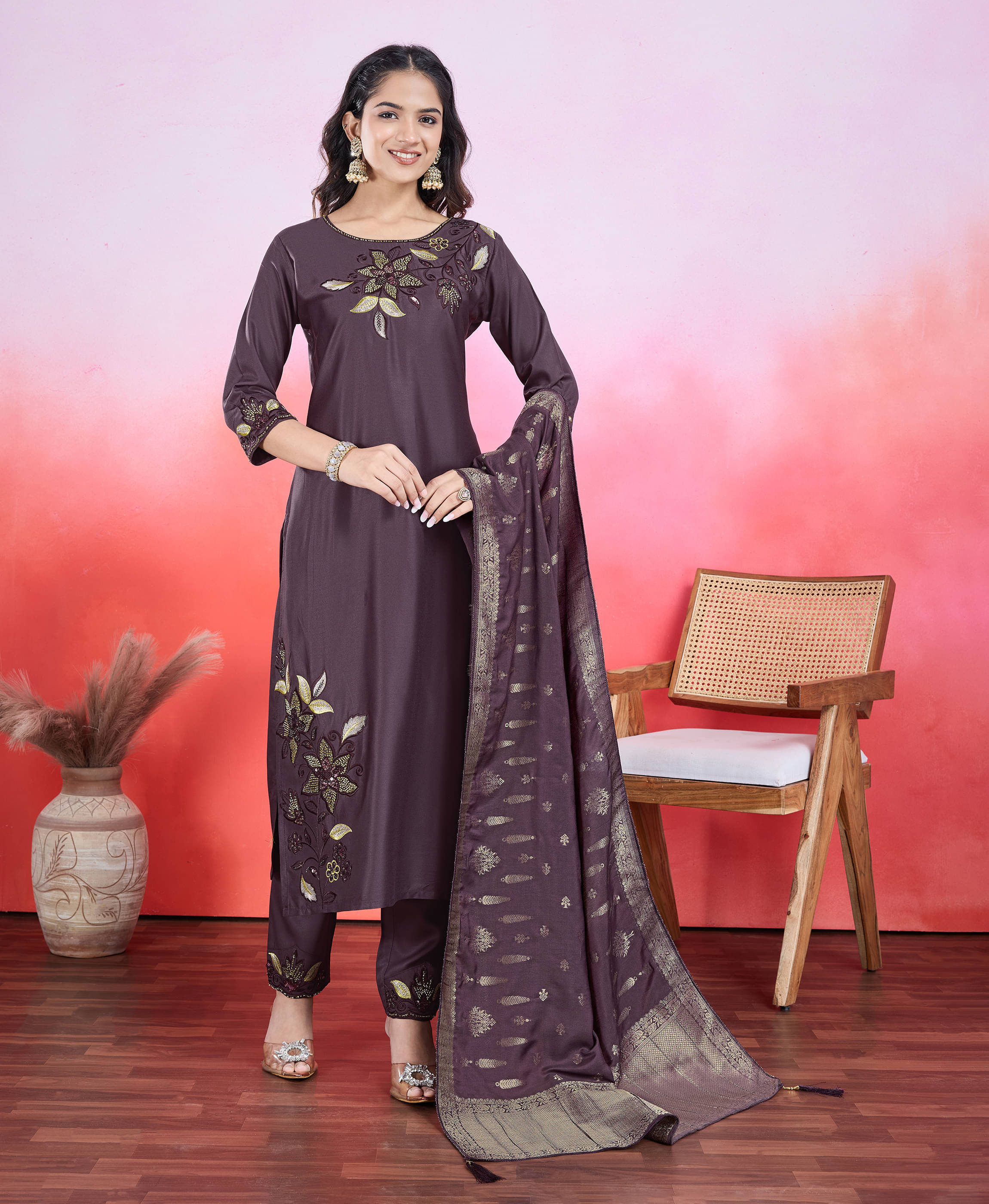     			MOJILAA Viscose Embroidered Kurti With Pants Women's Stitched Salwar Suit - Purple ( Pack of 1 )