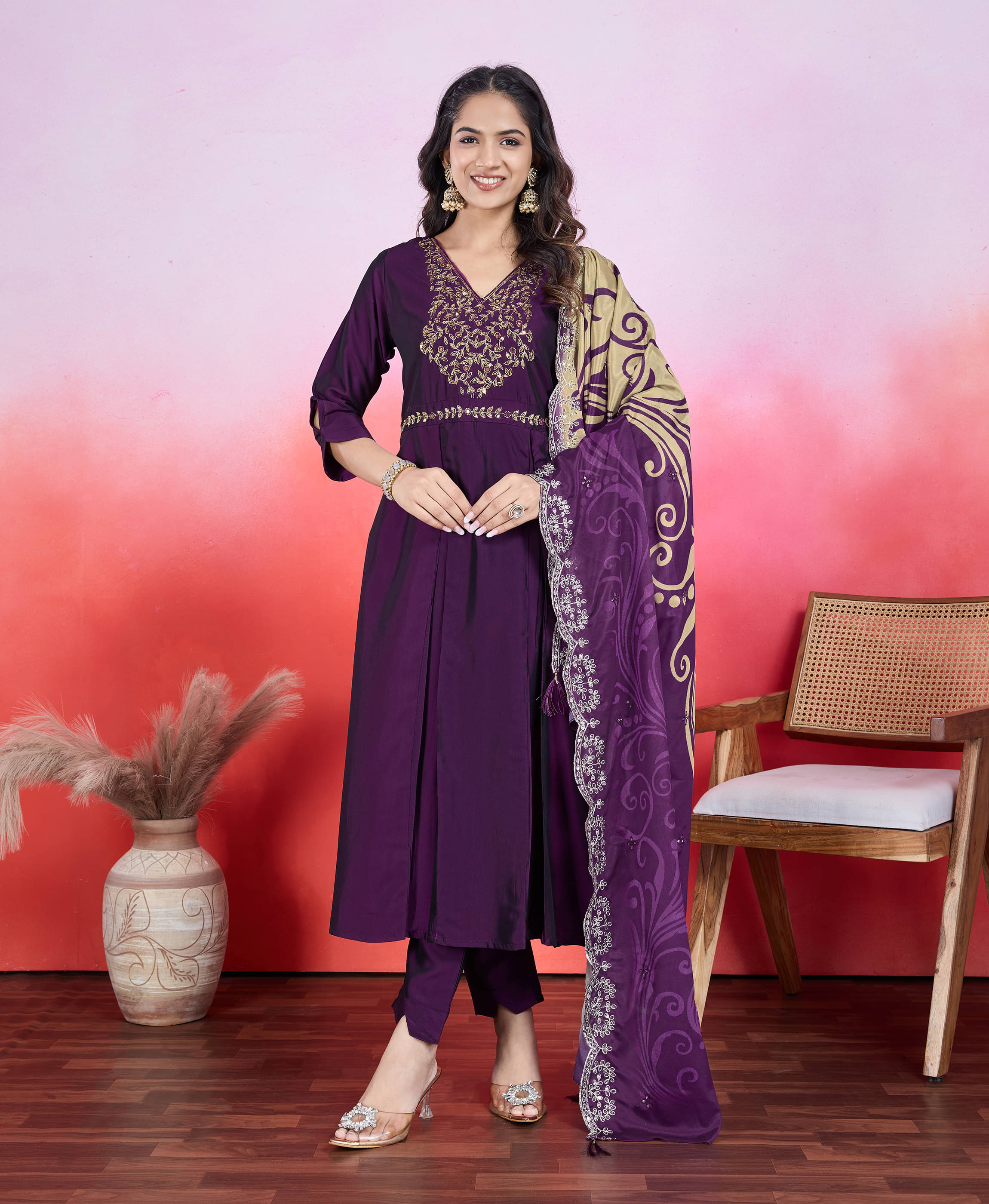     			MOJILAA Viscose Embroidered Kurti With Pants Women's Stitched Salwar Suit - Purple ( Pack of 1 )