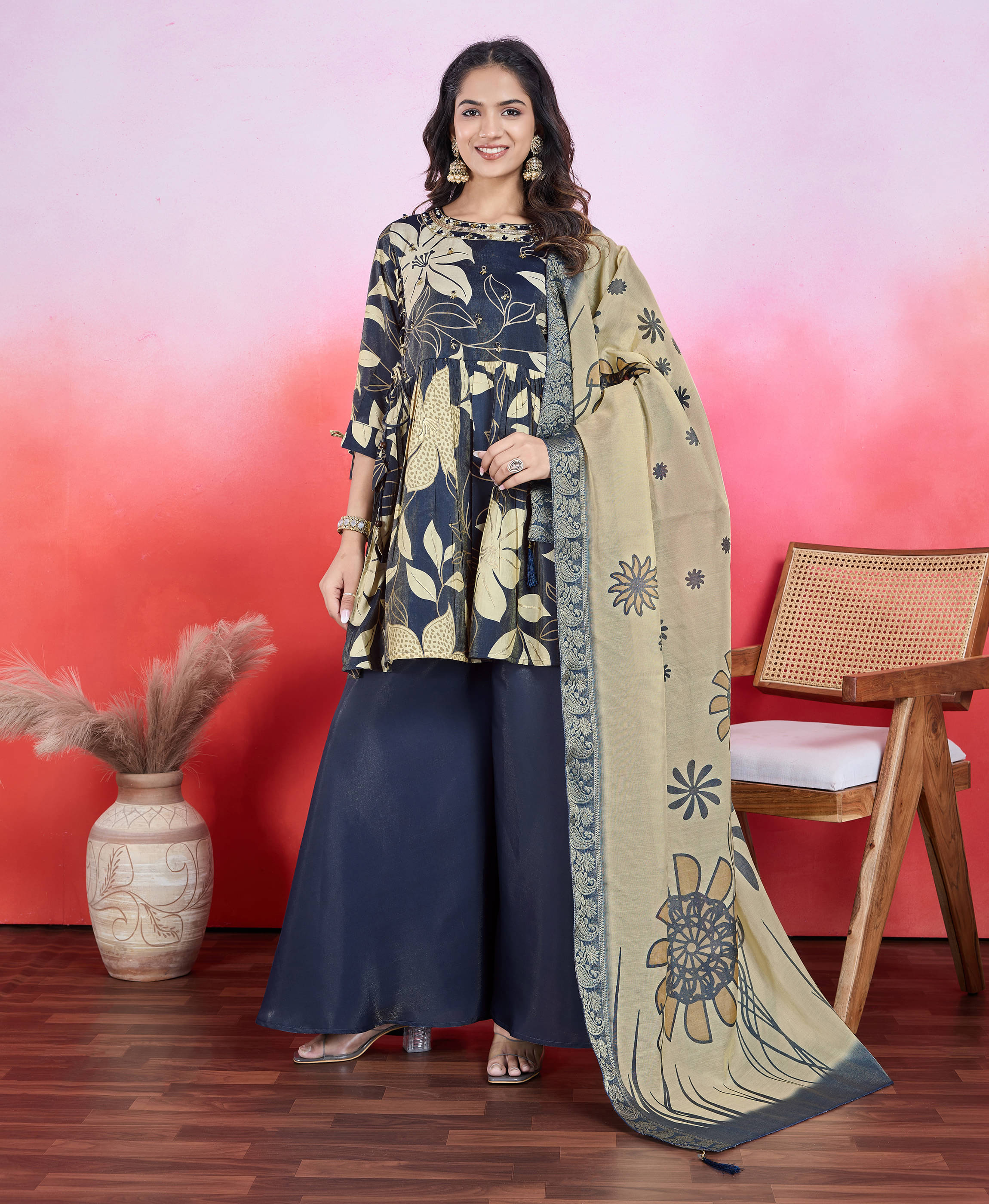MOJILAA Viscose Printed Kurti With Palazzo Women's Stitched Salwar Suit - Navy Blue ( Pack of 1 ) MOJILAA Viscose Printed Kurti With Palazzo Women's Stitched Salwar Suit - Navy Blue ( Pack of 1 )