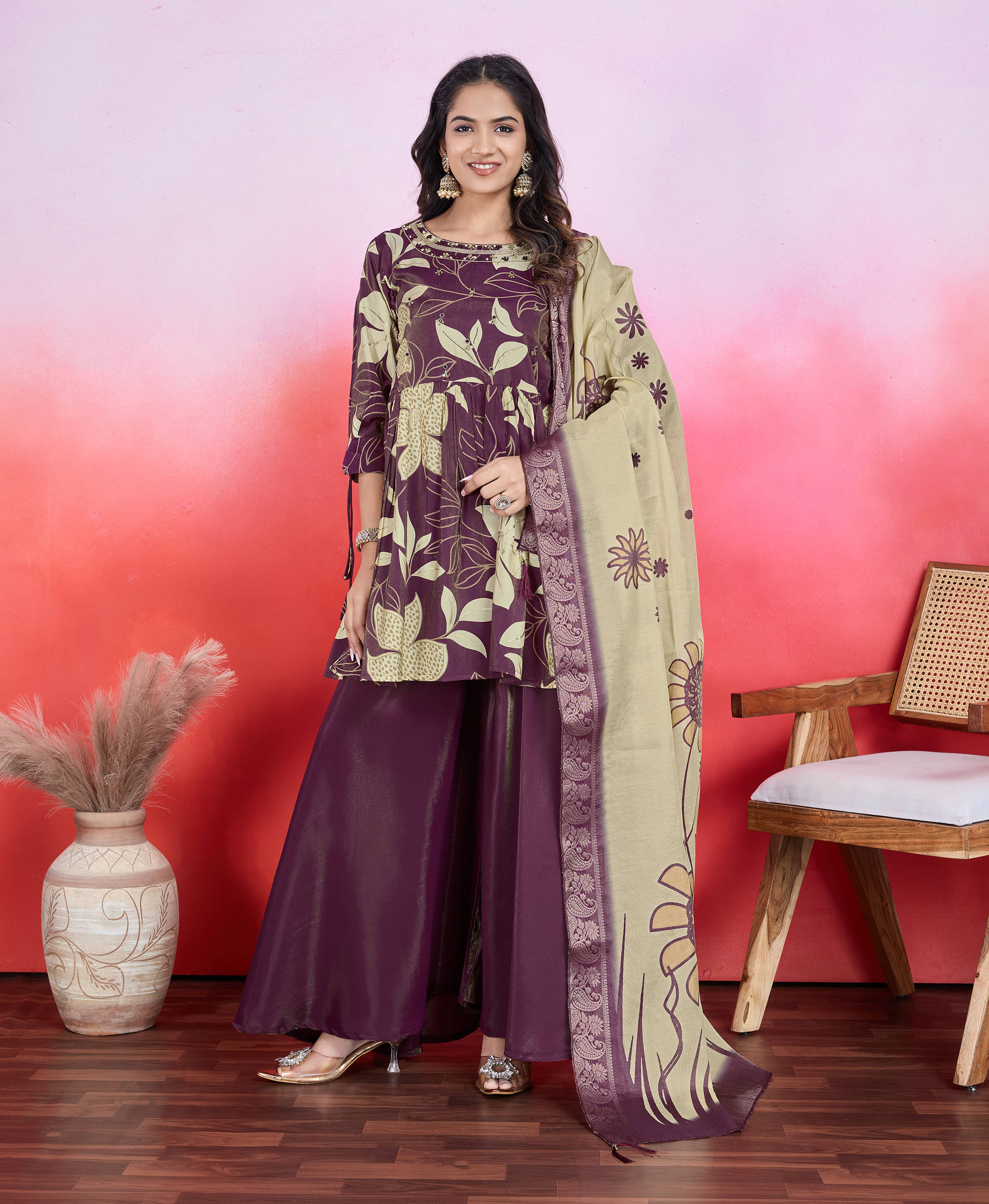     			MOJILAA Viscose Printed Kurti With Palazzo Women's Stitched Salwar Suit - Maroon ( Pack of 1 )