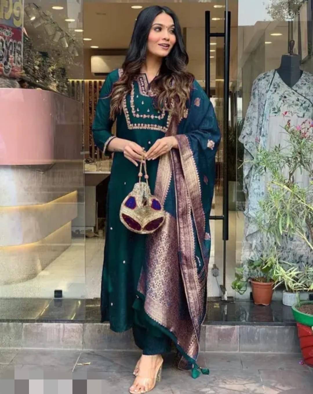     			Mahek Fashion Chanderi Embroidered Kurti With Pants Women's Stitched Salwar Suit - Green ( Pack of 1 )