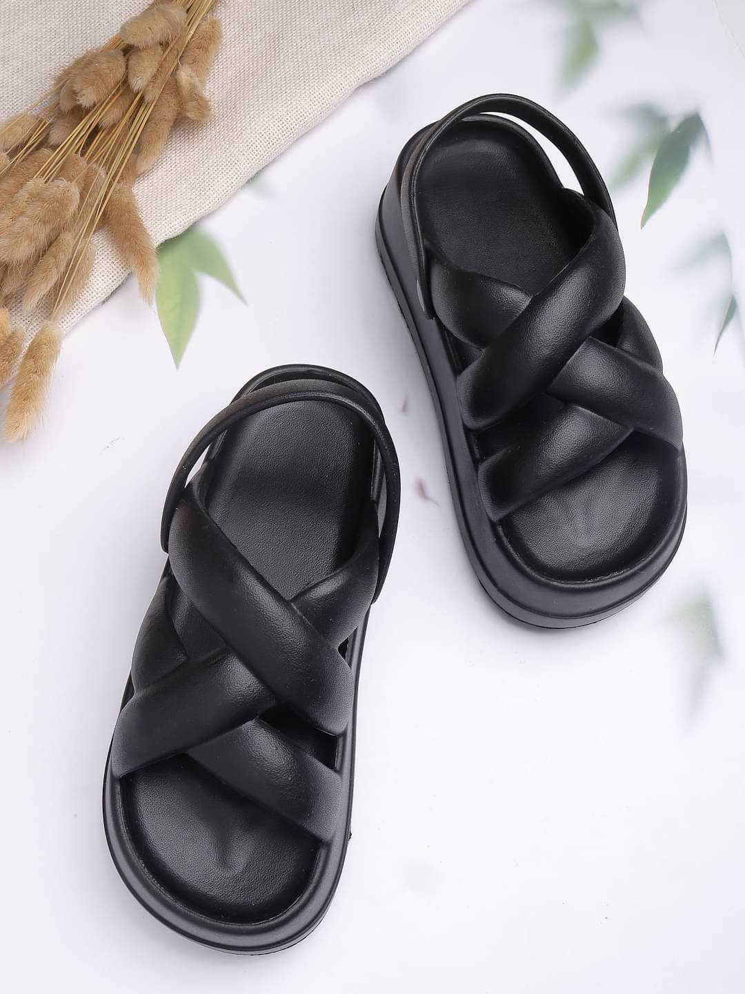     			NATSHUZ Black Floater Sandals