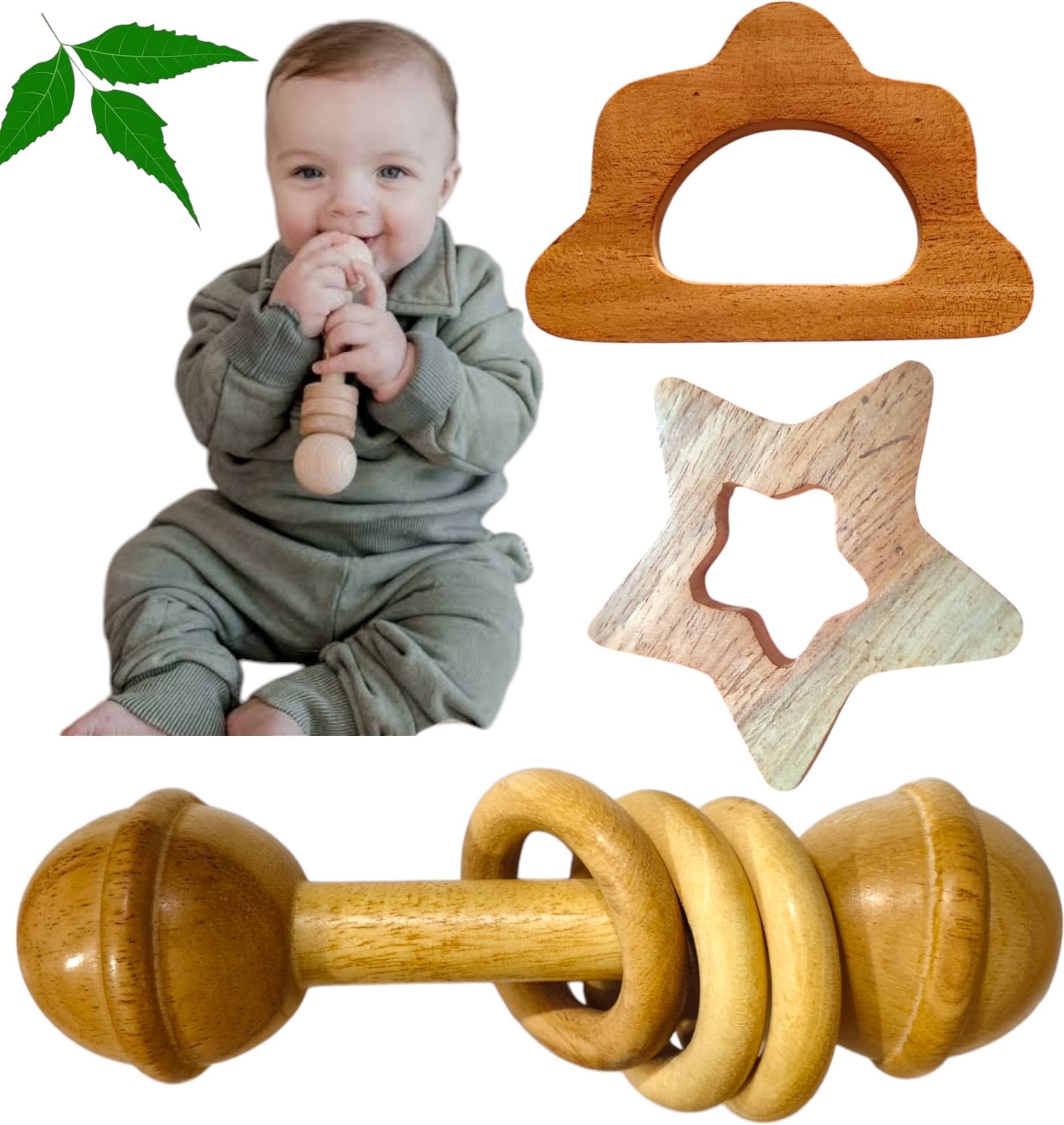     			Natural Neem Made Rattles Set with Star and Cloud Shape Teether