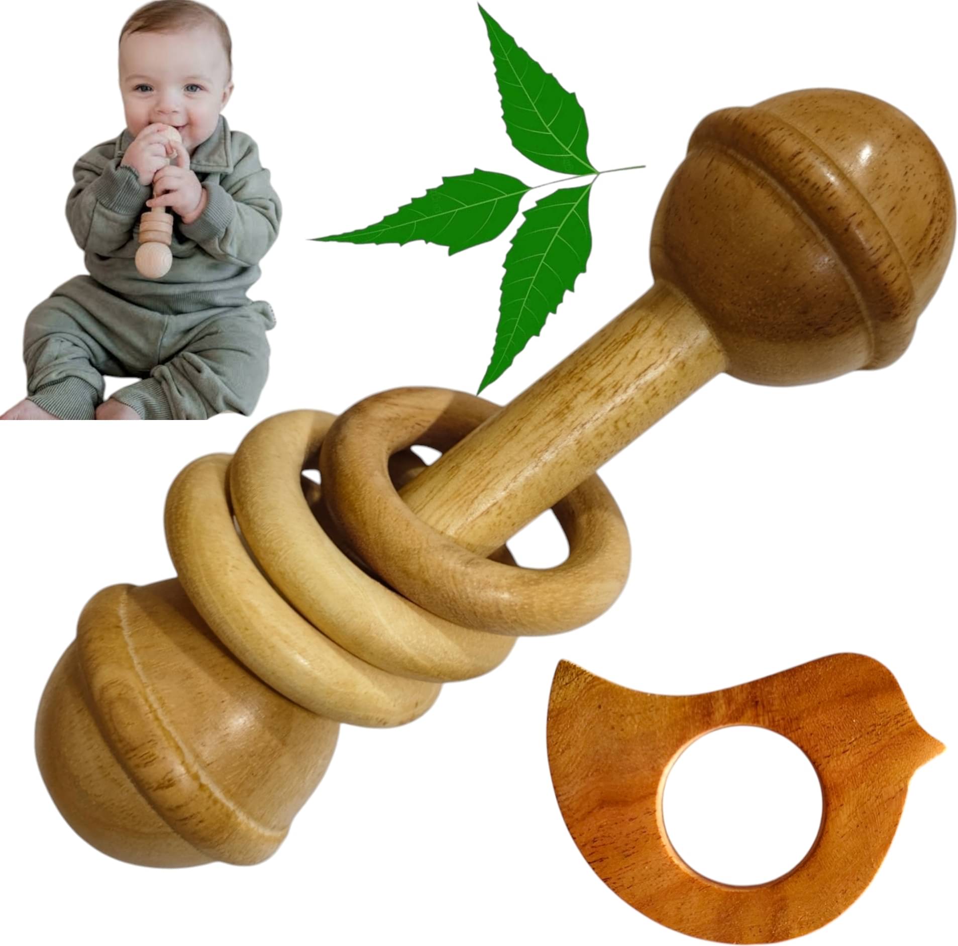     			Natural Neem Wood Made Rattle Dumble Shape with 3 Rings and Bird Shape Teether