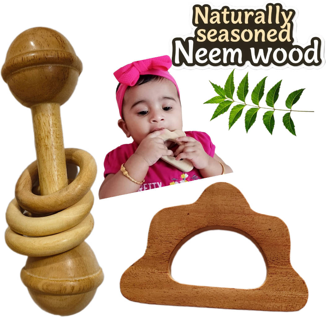     			Natural Neem Wood Rattle & Cloud Teether – Baby’s Perfect Playmate
